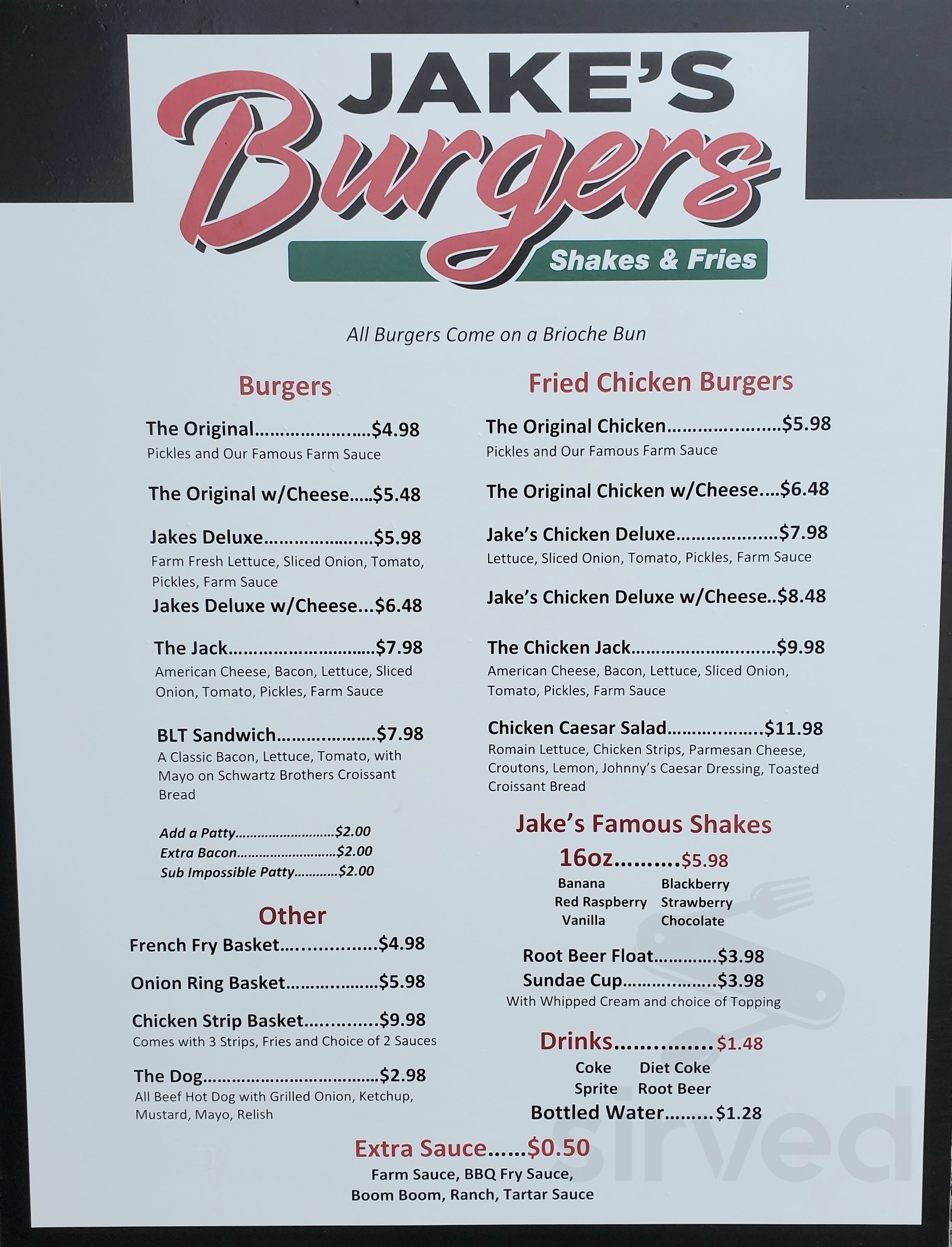 Menu for Jake's Burgers at Sterino Farms in Puyallup, WA | Sirved