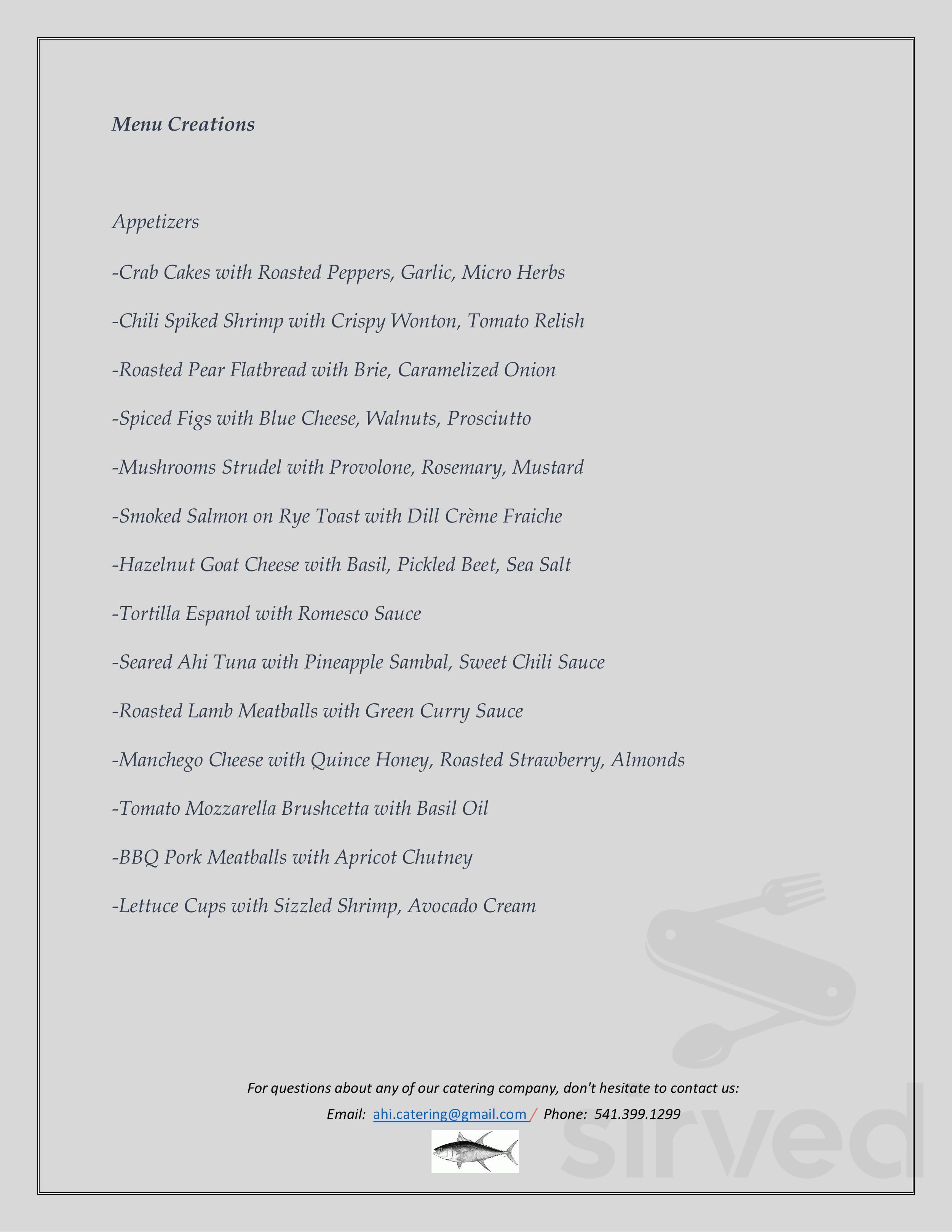 Ahi's Ohana Catering menu in Hood River, Oregon