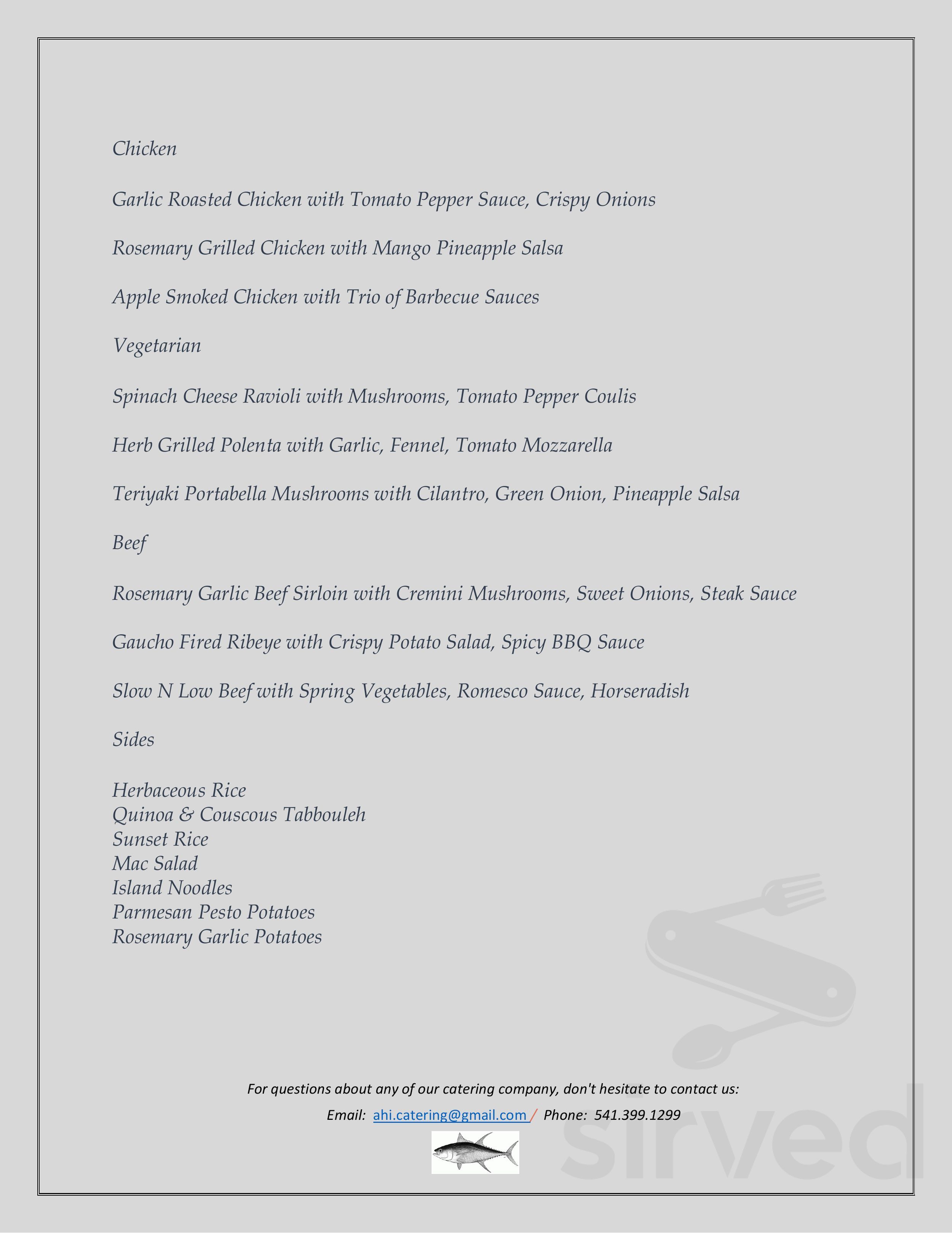 Ahi's Ohana Catering menu in Hood River, Oregon