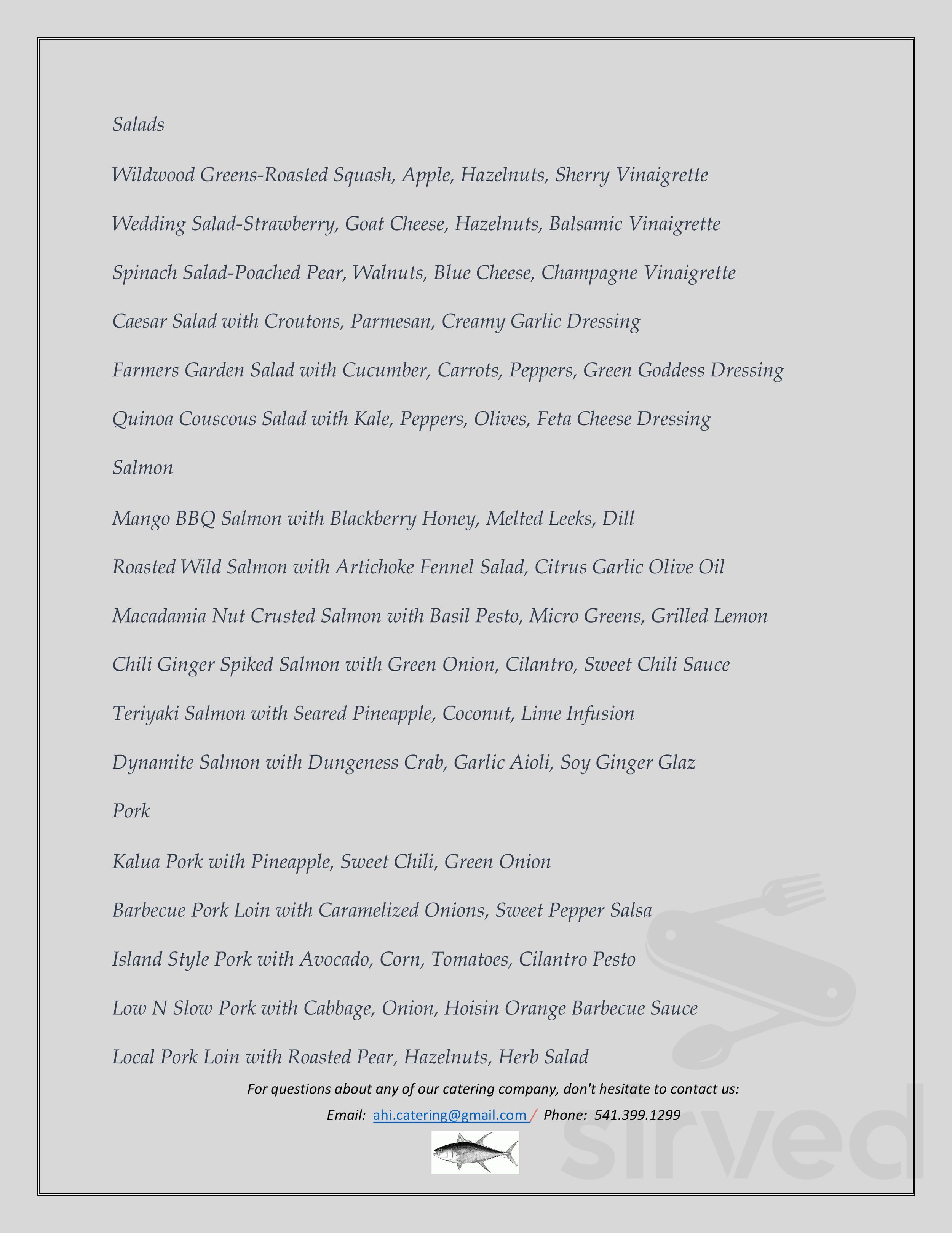 Ahi's Ohana Catering menu in Hood River, Oregon