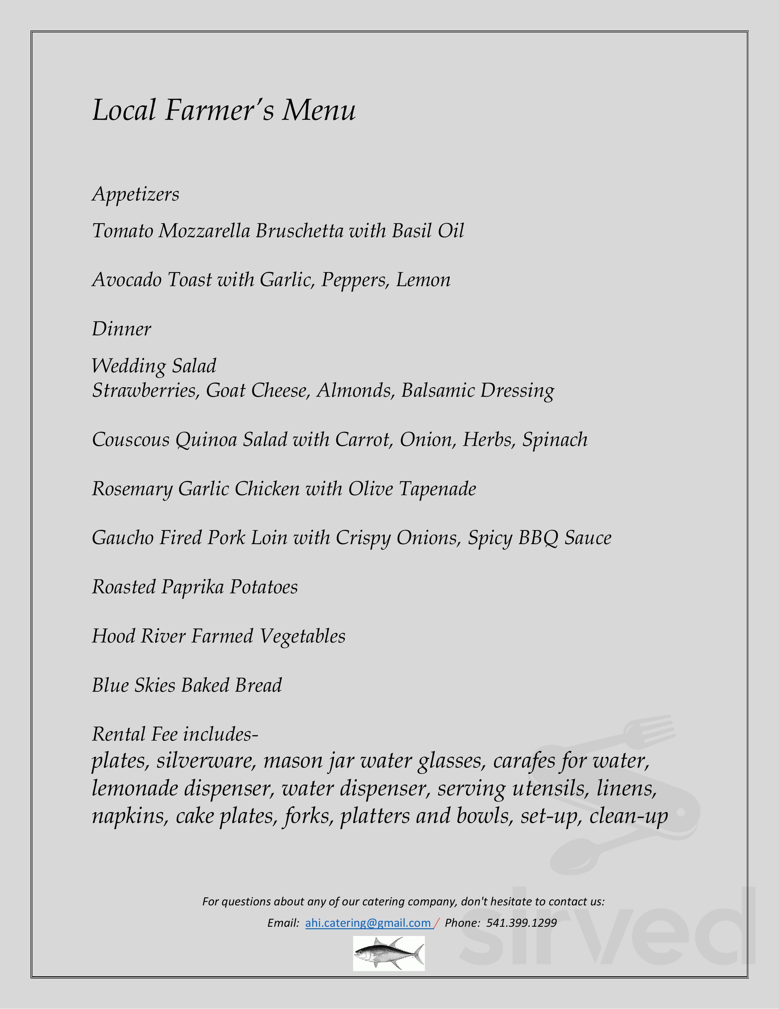 Ahi's Ohana Catering menu in Hood River, Oregon