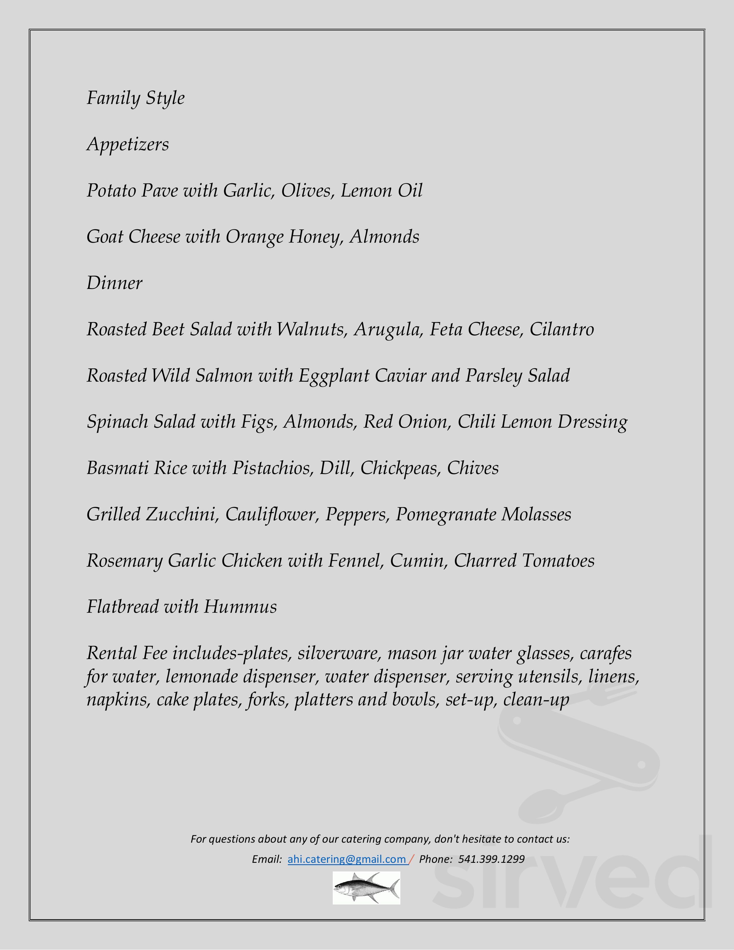 Ahi's Ohana Catering menu in Hood River, Oregon