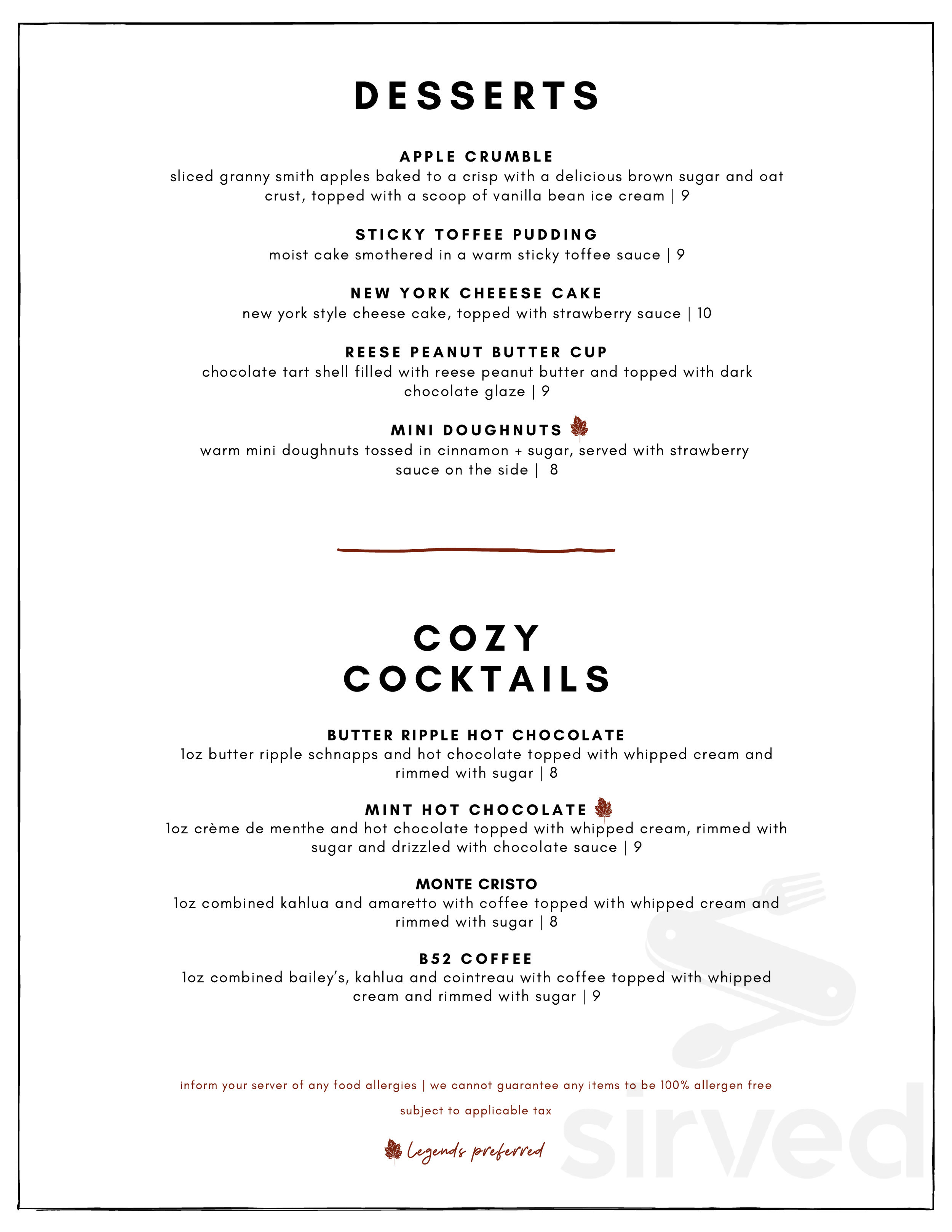 Legends Bistro menu in Cultus Lake, British Columbia, Canada