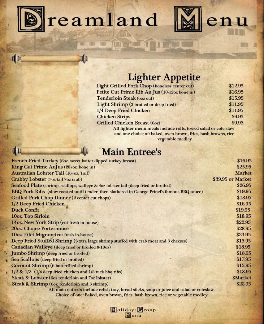 Dreamland Supper Club menu in South Range, Wisconsin