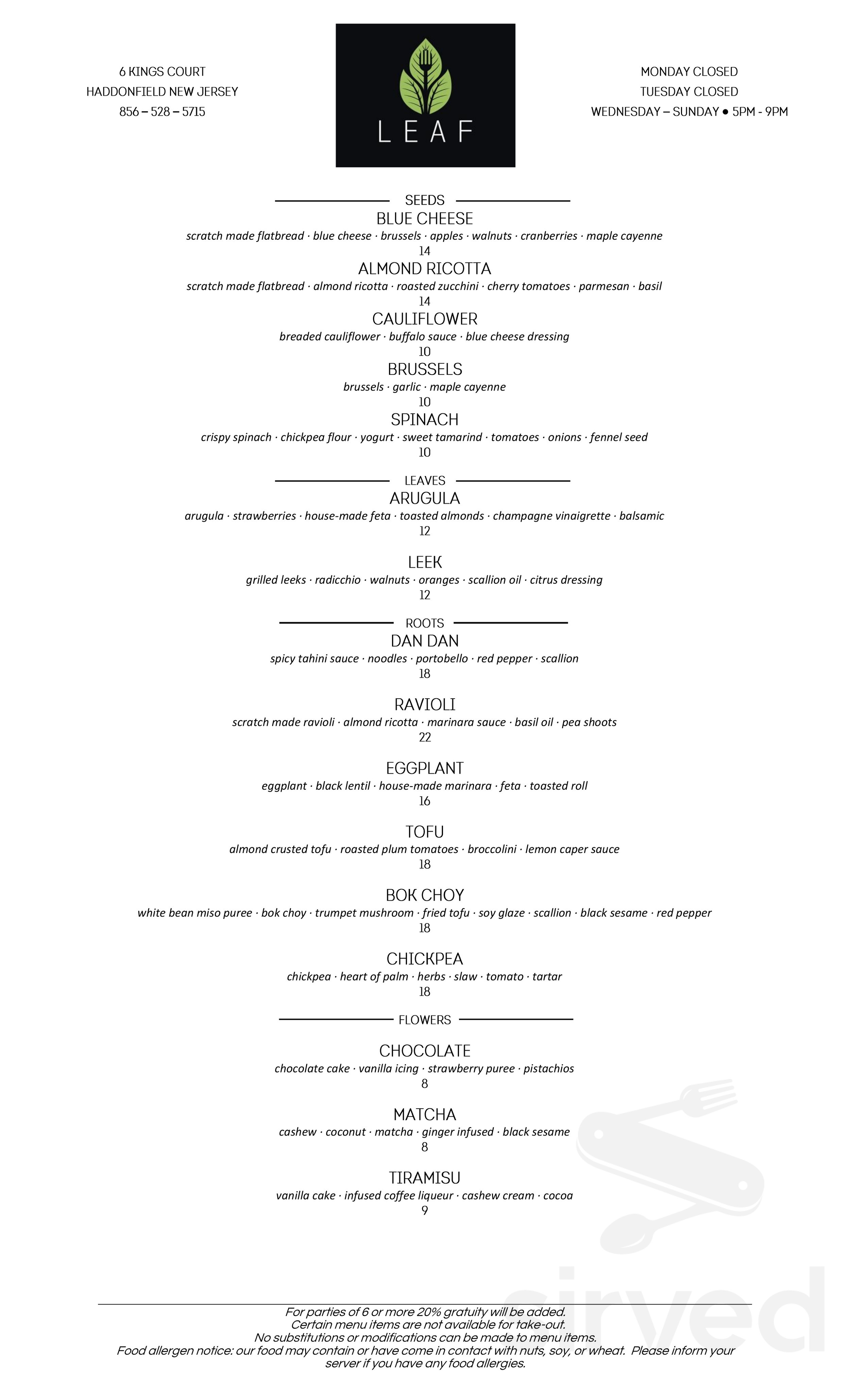 Leaf menu in Haddonfield, New Jersey