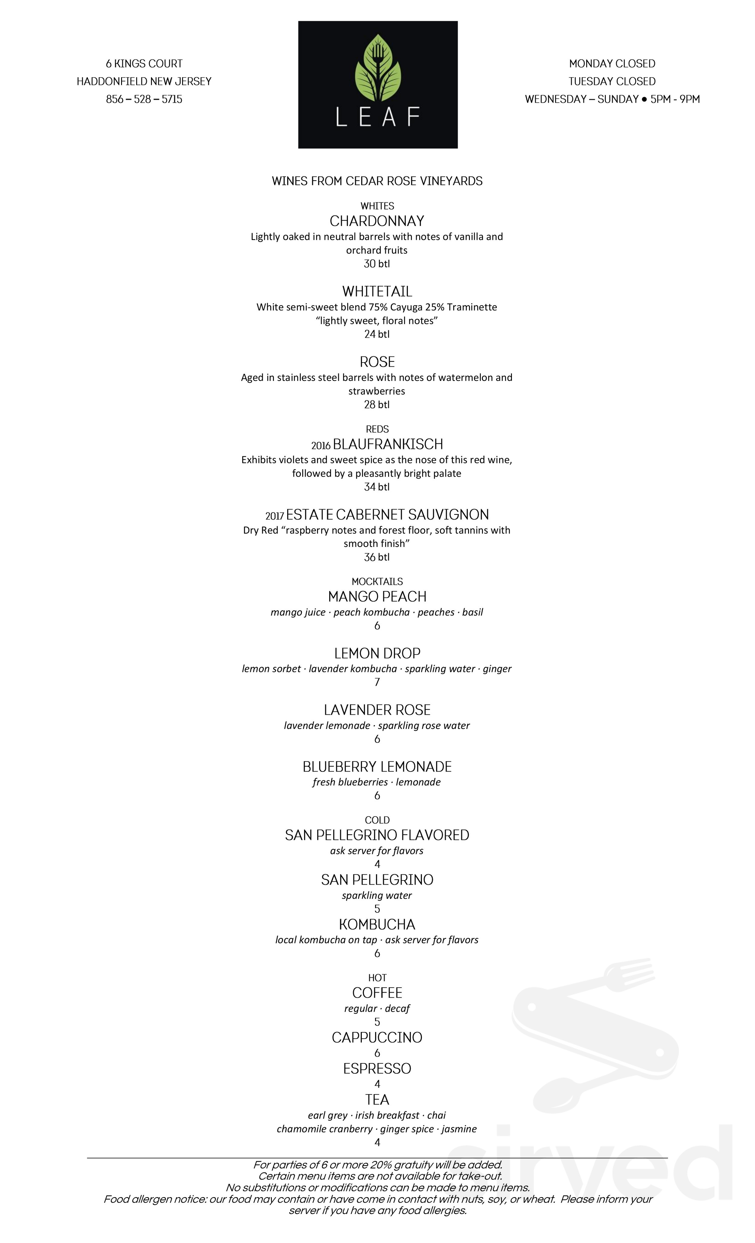 Leaf menu in Haddonfield, New Jersey
