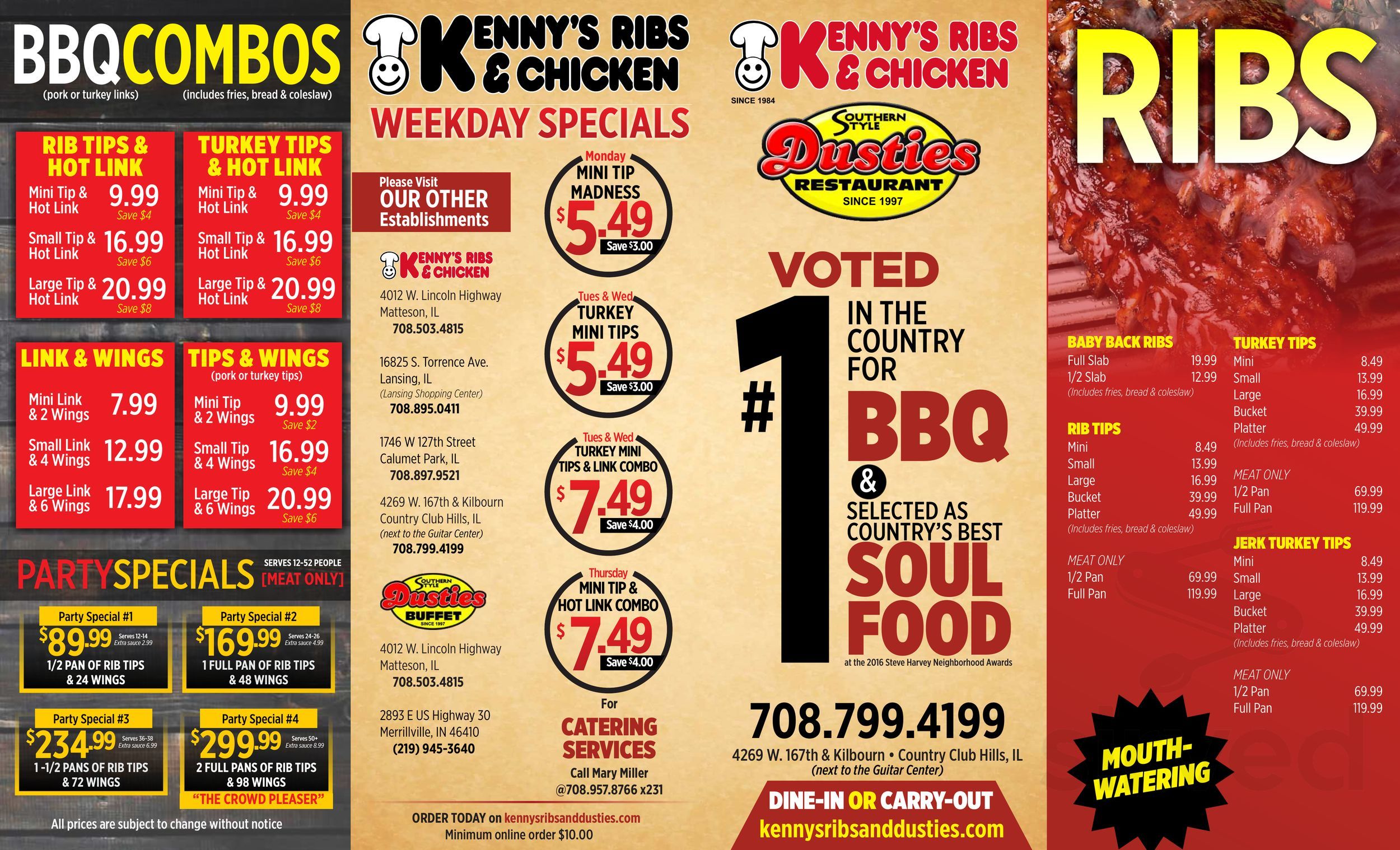 Menu Calumet Park IL's Kenny's Ribs and Chicken Sirved