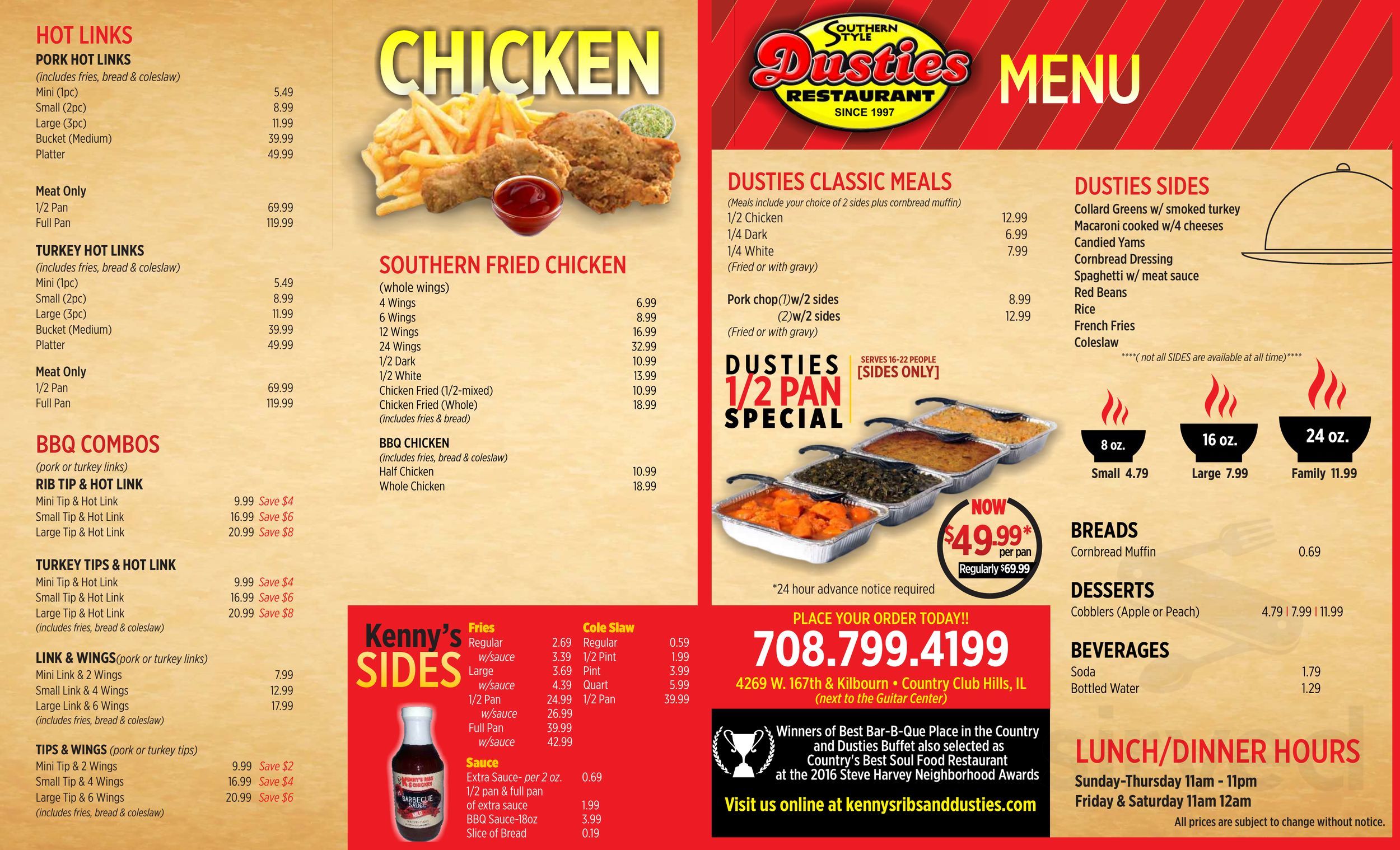 Menu Calumet Park IL's Kenny's Ribs and Chicken Sirved