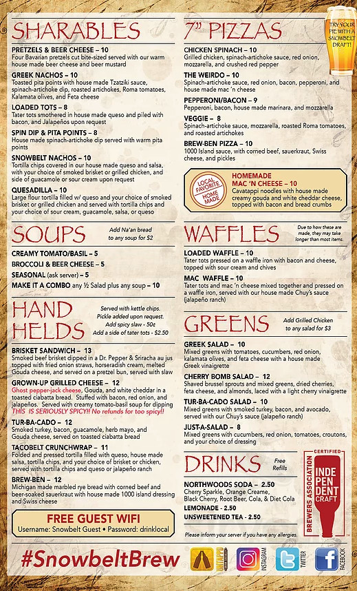 Snowbrew Menu Menu - Gaylord MI's Snowbelt Brewing Co. | Sirved