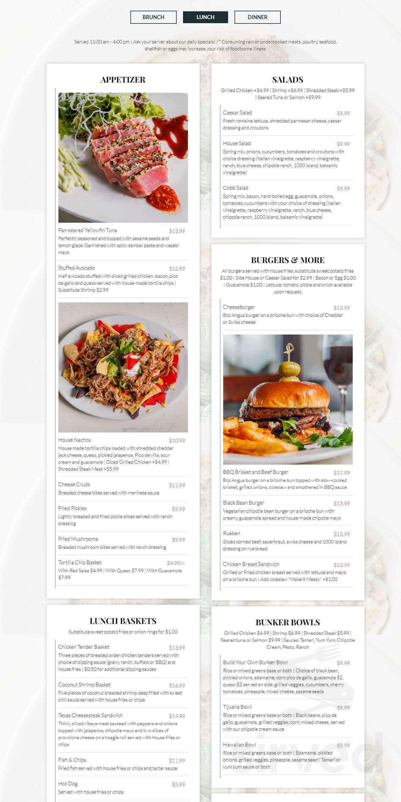 The Bunker Bar and Grille menu in Lago Vista, Texas, USA