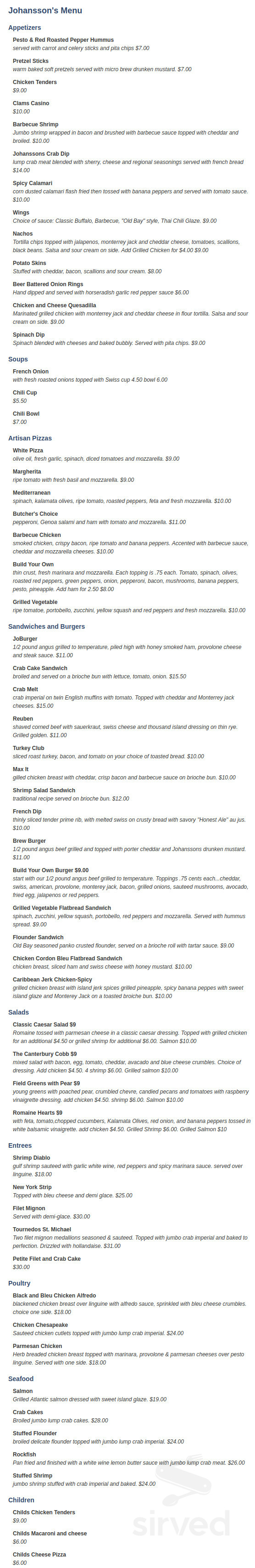 Johanssons Catering menu in Westminster, Maryland