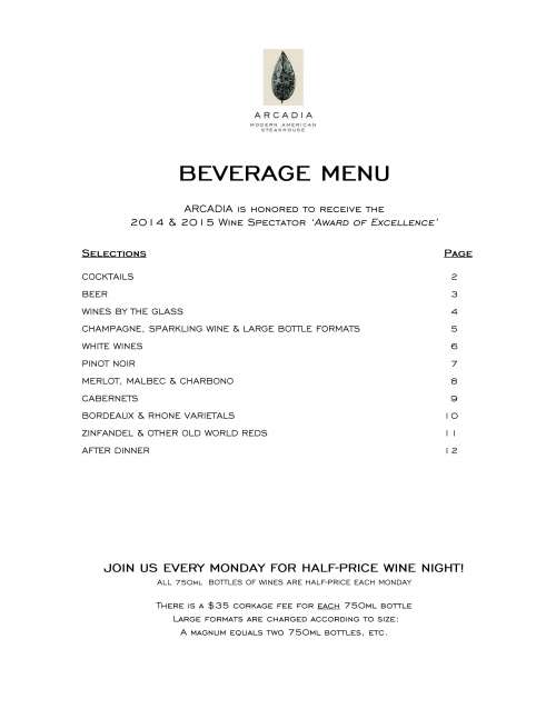 Arcadia menu in San Jose, California, USA