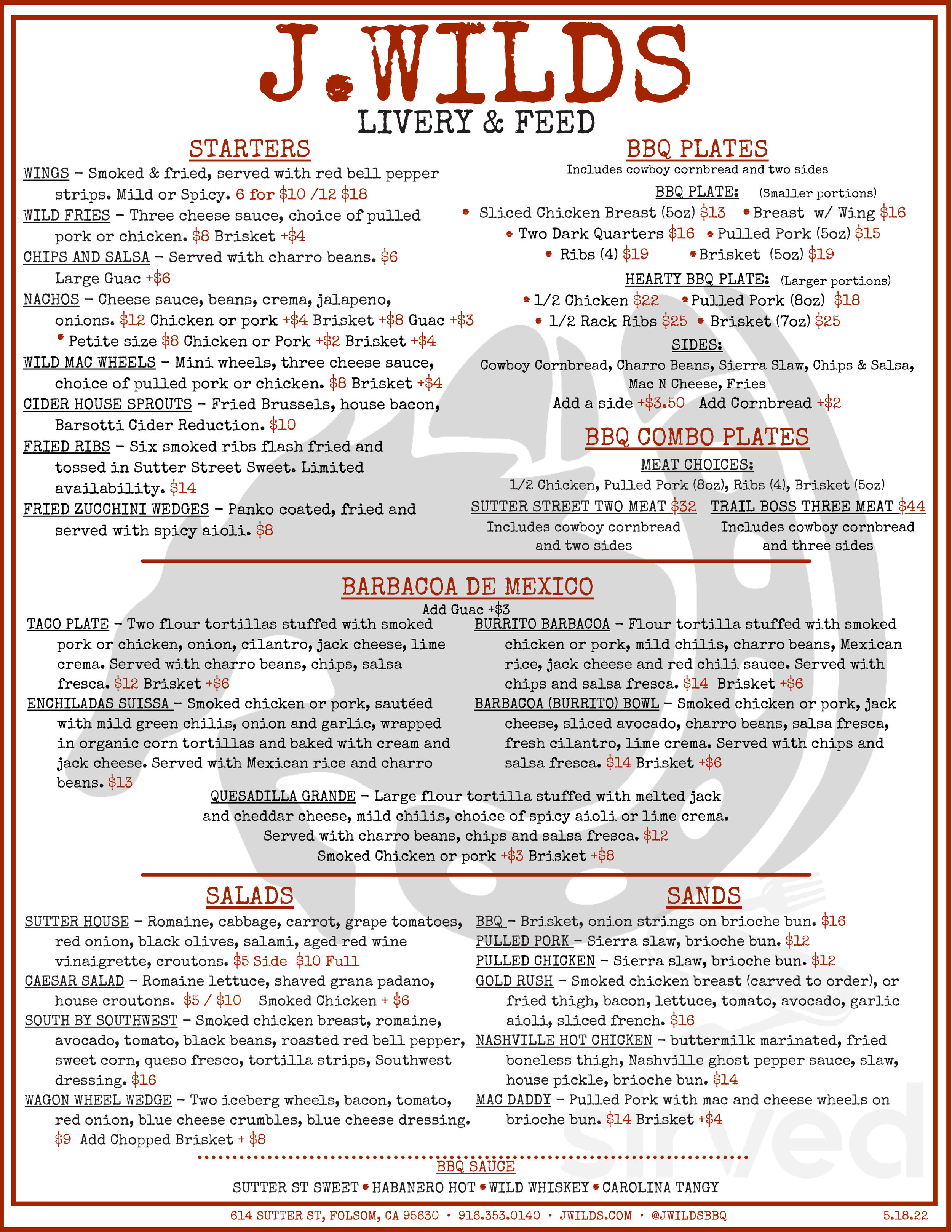 J. Wild's Burgers & BBQ menu in Folsom, California, USA
