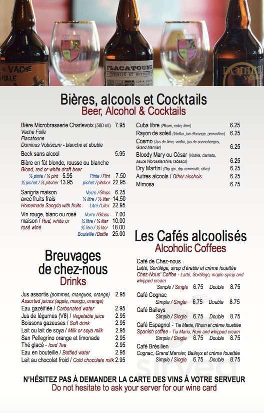 Café Chez-Nous menu in La Malbaie, Quebec, Canada