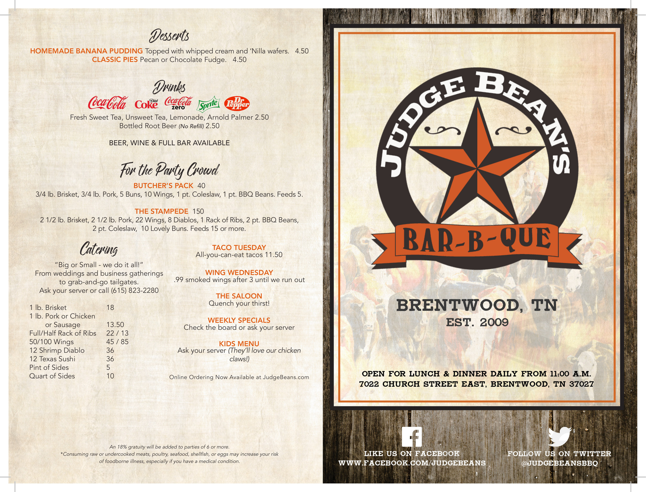 Menu Brentwood TN's Judge Bean's BBQ Sirved