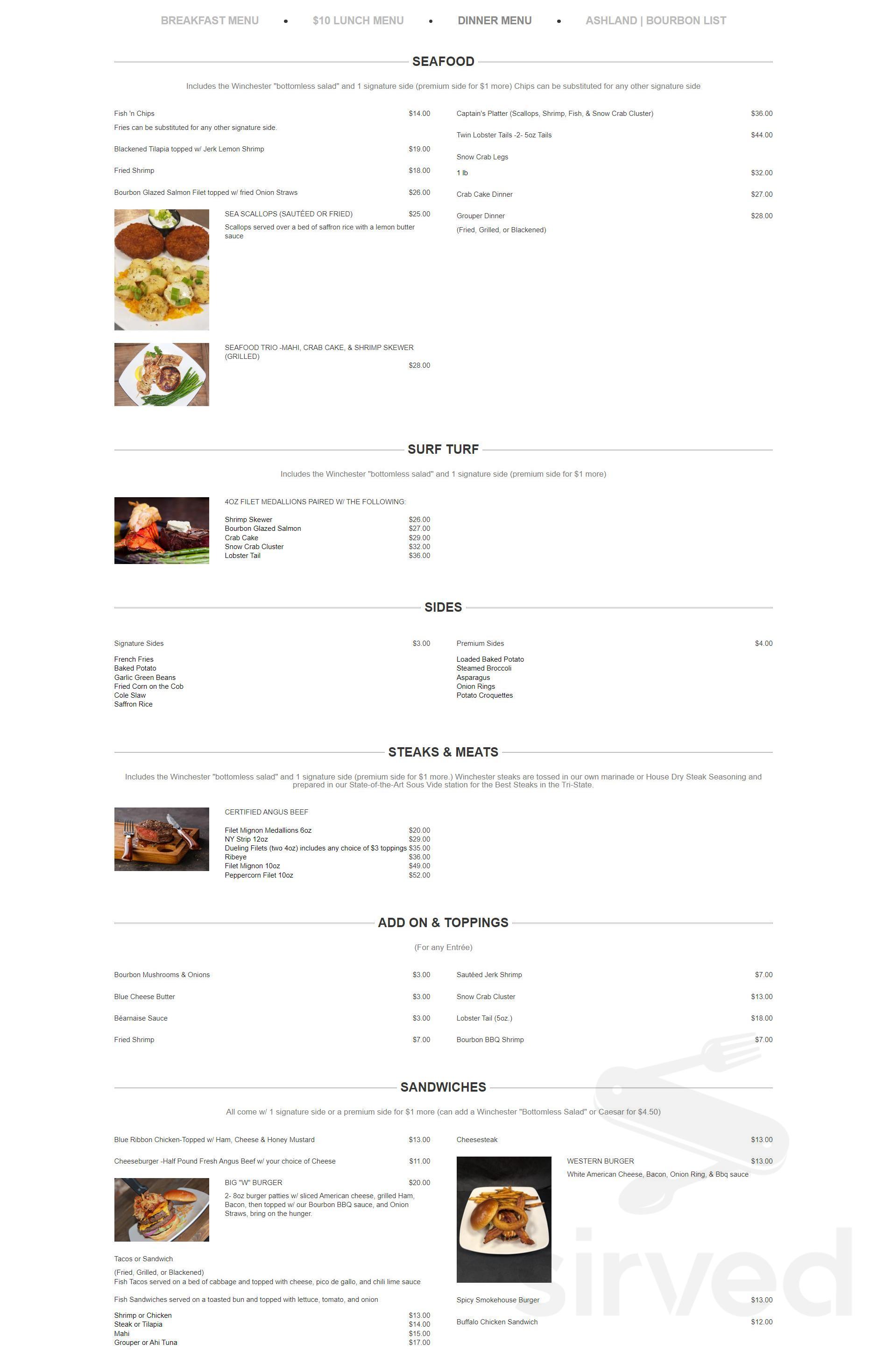 The Winchester menu in Ashland, Kentucky, USA