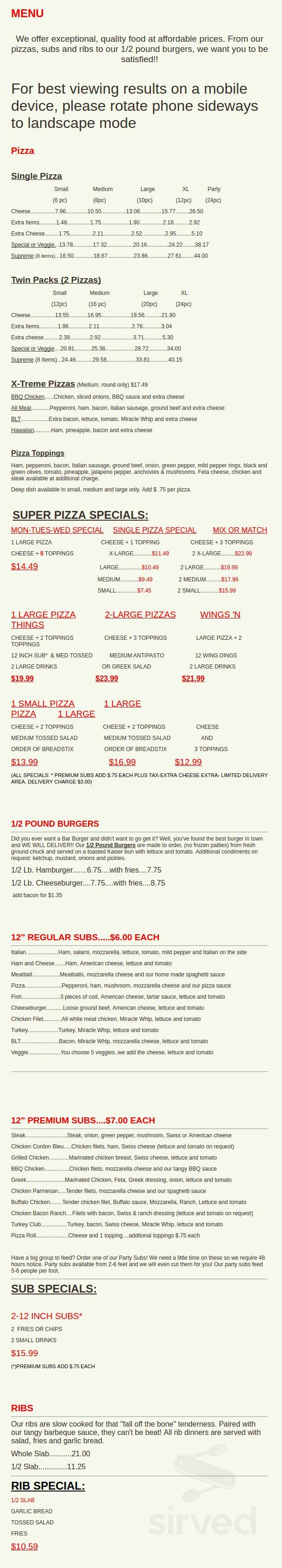 Joe & Reno's Pizzeria menu in Dearborn, Michigan, USA