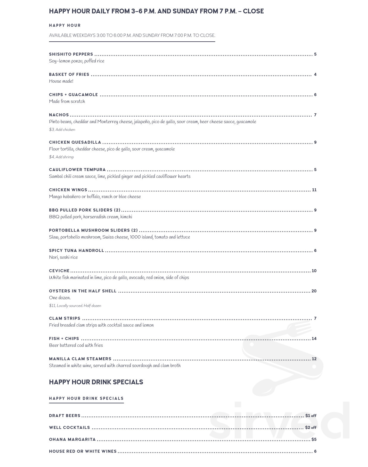 Ohana Kitchen and Cocktails menu in Sunset Beach, California, USA