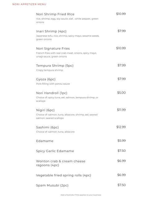 Nori Poke & Sushi menu in Huntington Beach, California, USA