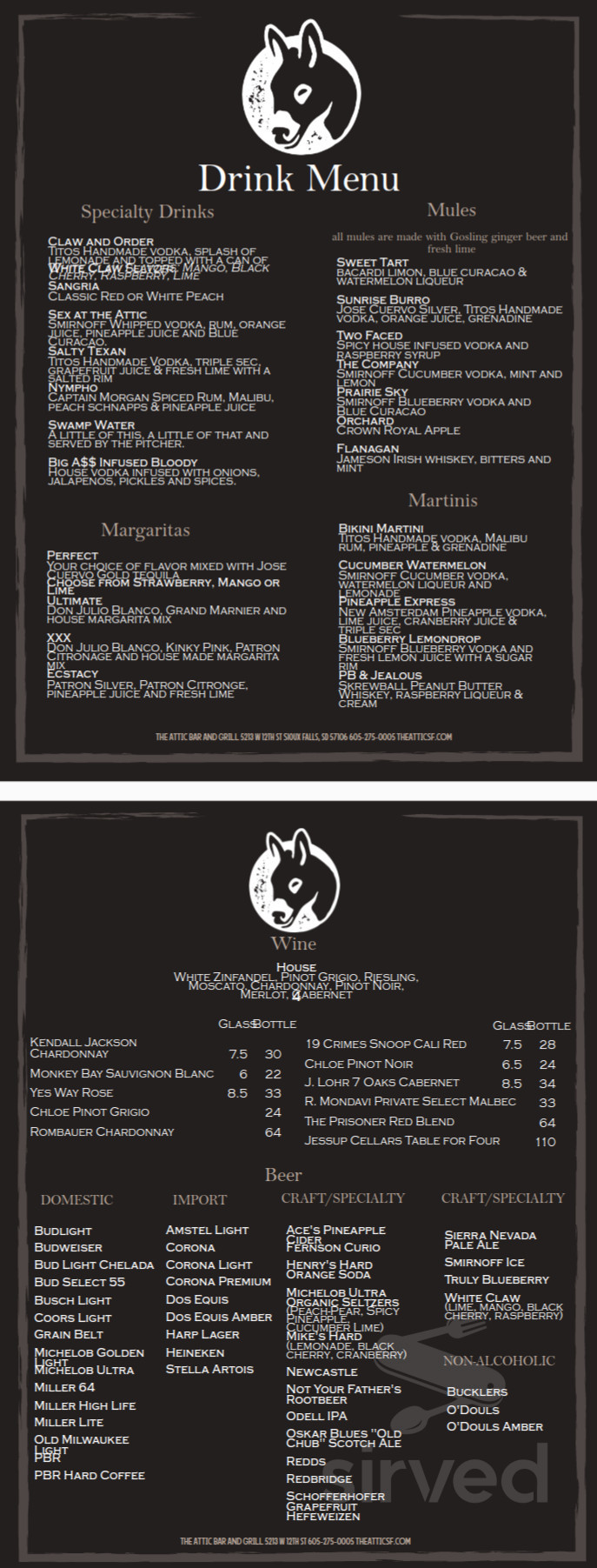 Menu for The Attic Bar and Grill West in Sioux Falls, SD | Sirved