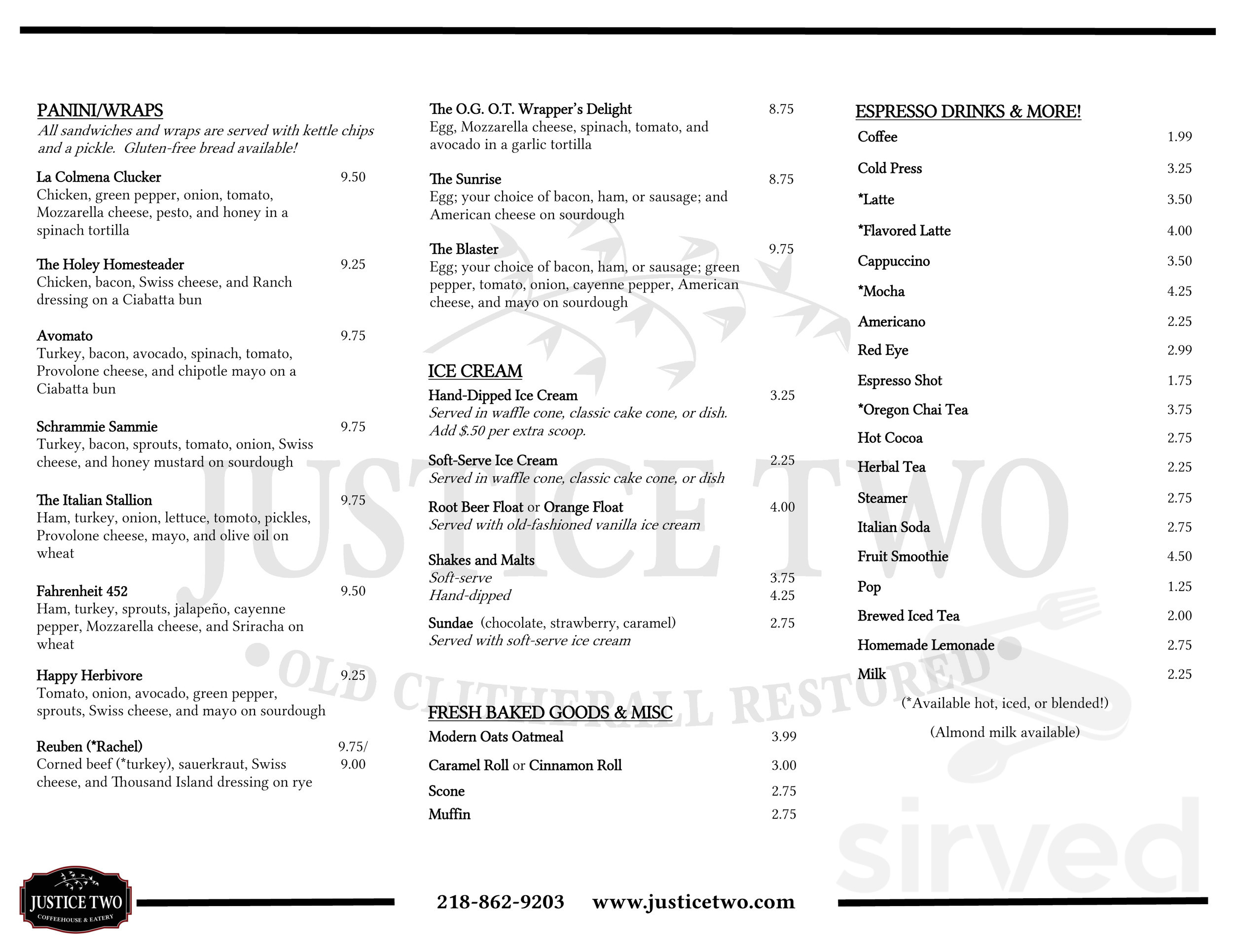 Justice Two Coffeehouse & Eatery menu in Clitherall, Minnesota
