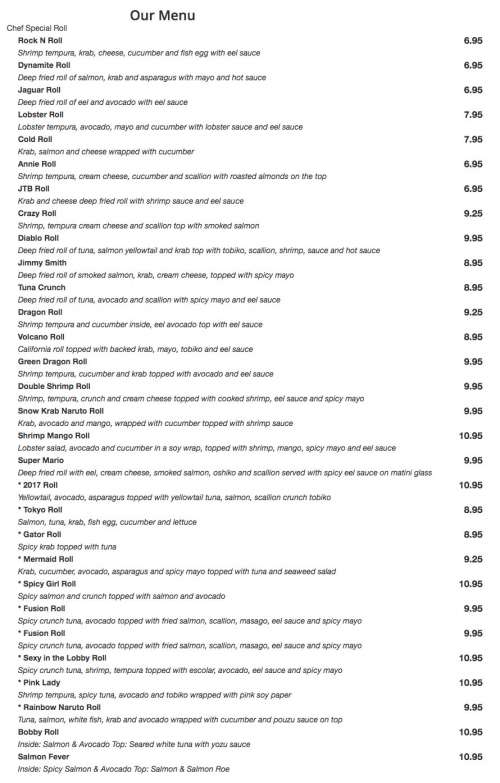 Tokyo Asian Kitchen menu in Jacksonville, Florida, USA