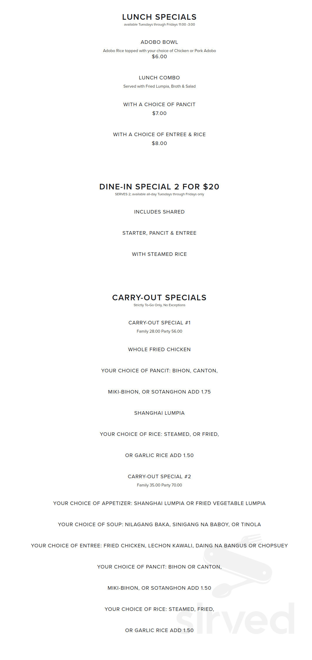 Villa Manila menu in National City, California