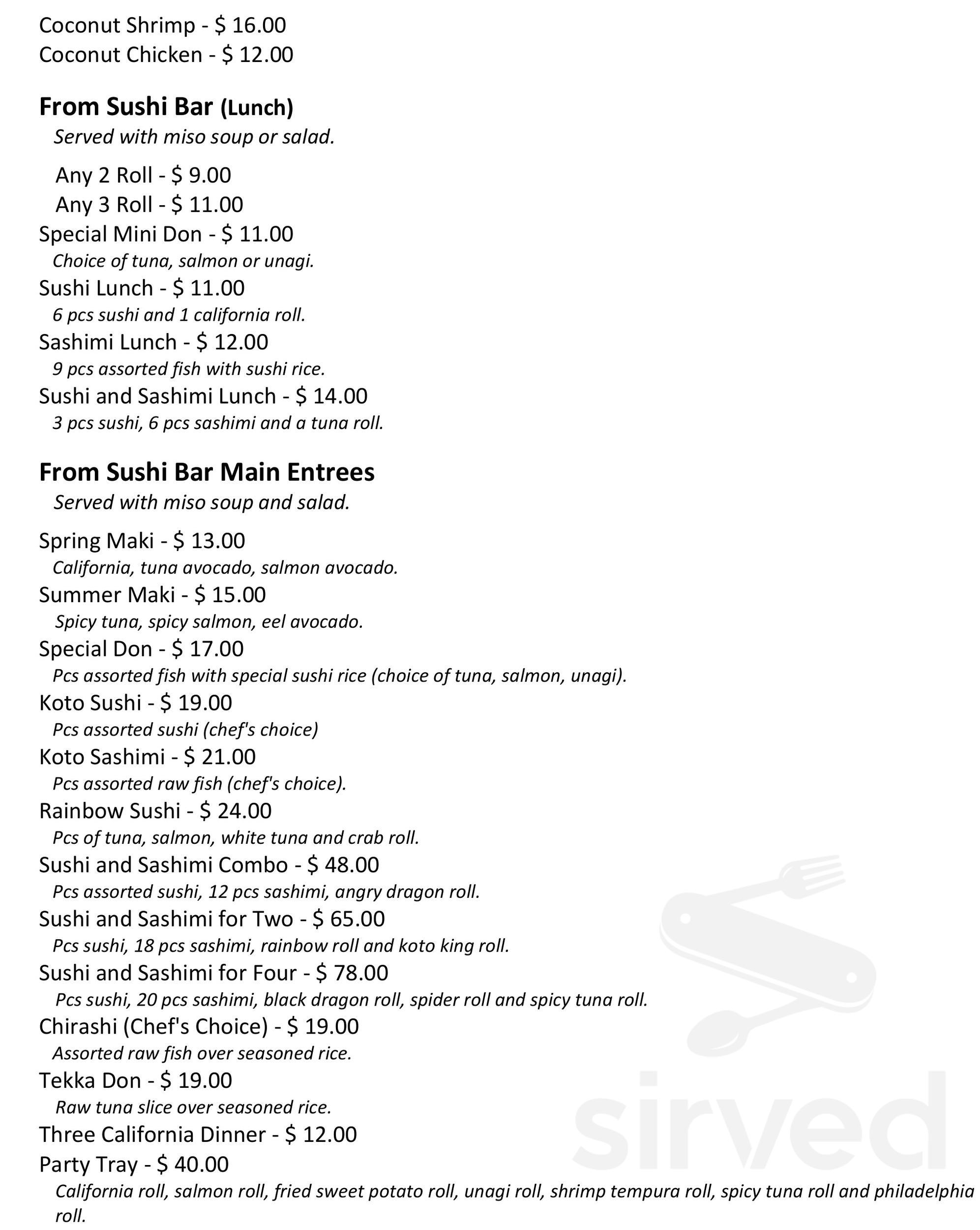 Koto Japanese Bistro menus in Richmond, Kentucky, United States
