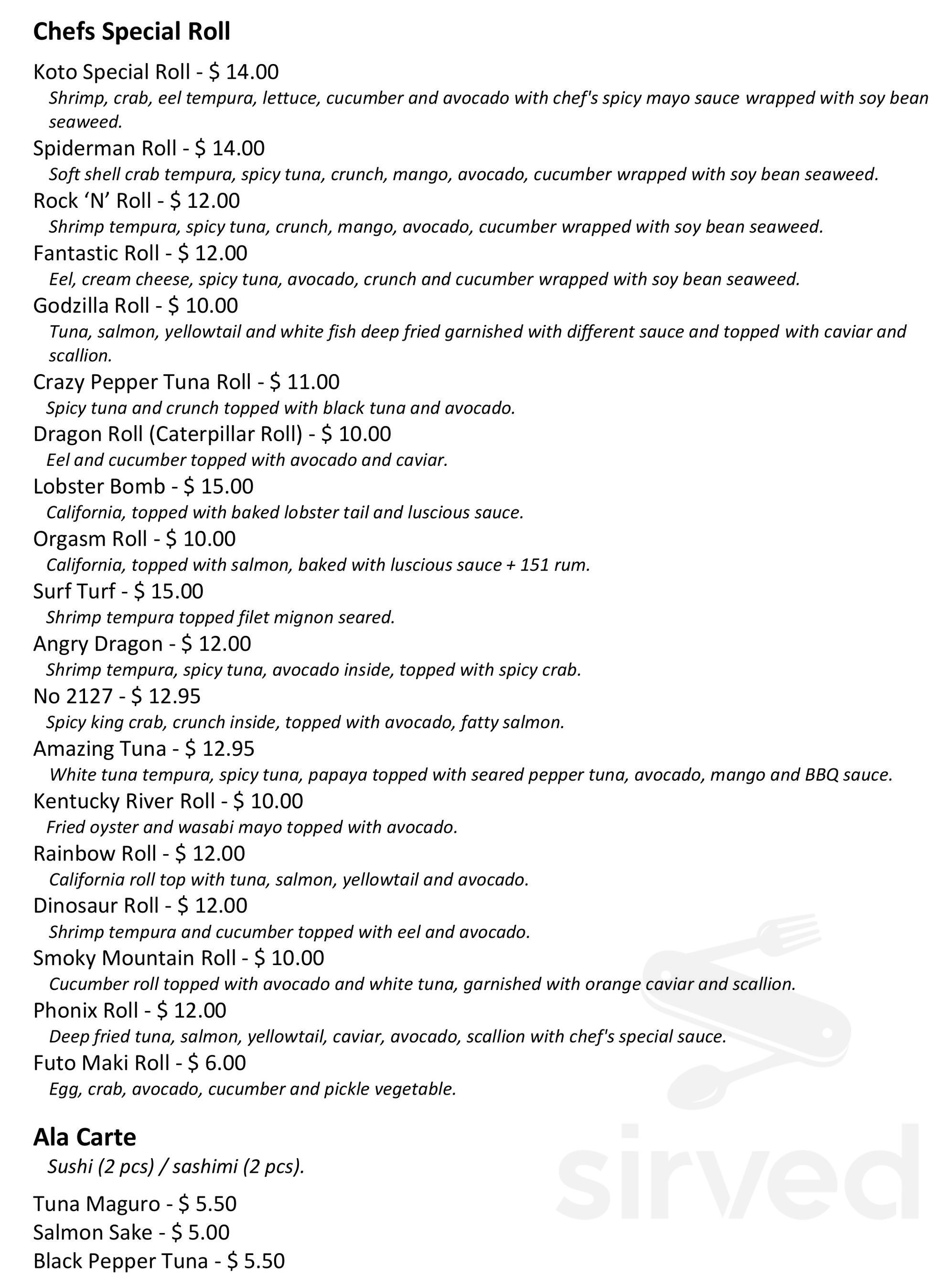 Koto Japanese Bistro menus in Richmond, Kentucky, United States