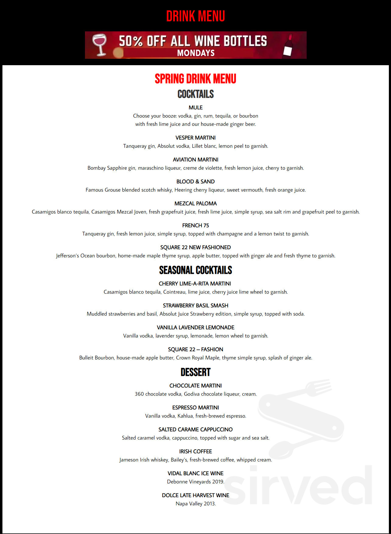Menu for Square 22 Restaurant and Bar in Strongsville, OH | Sirved