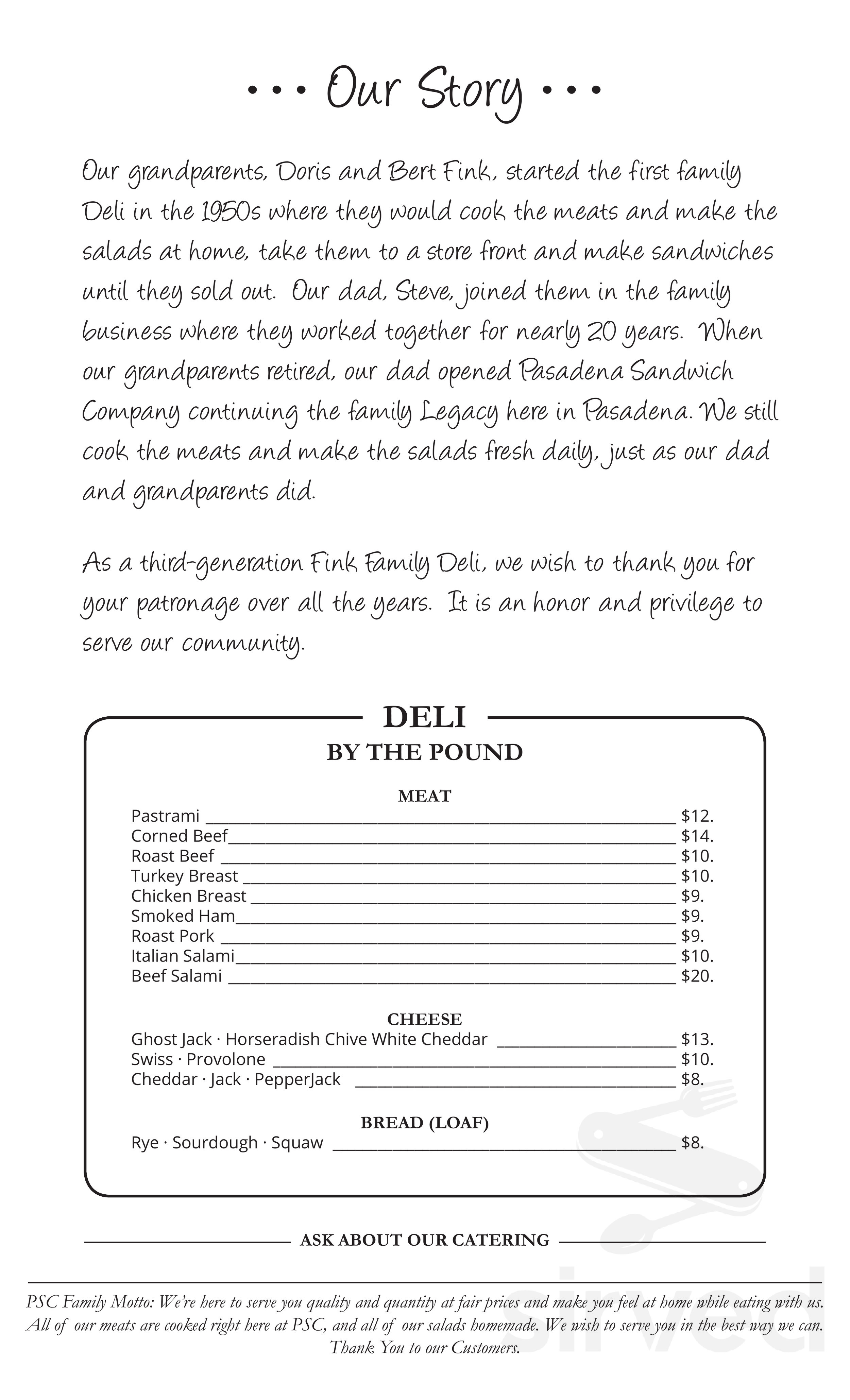 Pasadena Sandwich Company take out menu in Pasadena, California
