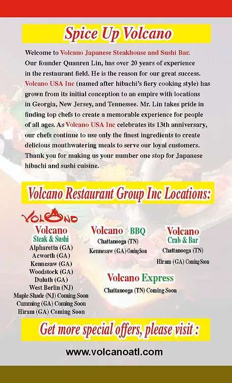Volcano Steak and Sushi menu in Woodstock, Georgia, USA