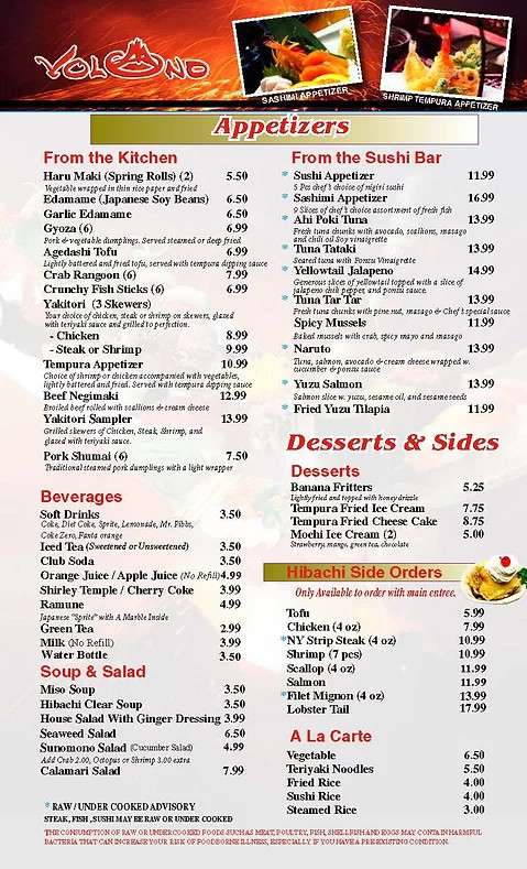 Volcano Steak and Sushi menu in Woodstock, Georgia, USA