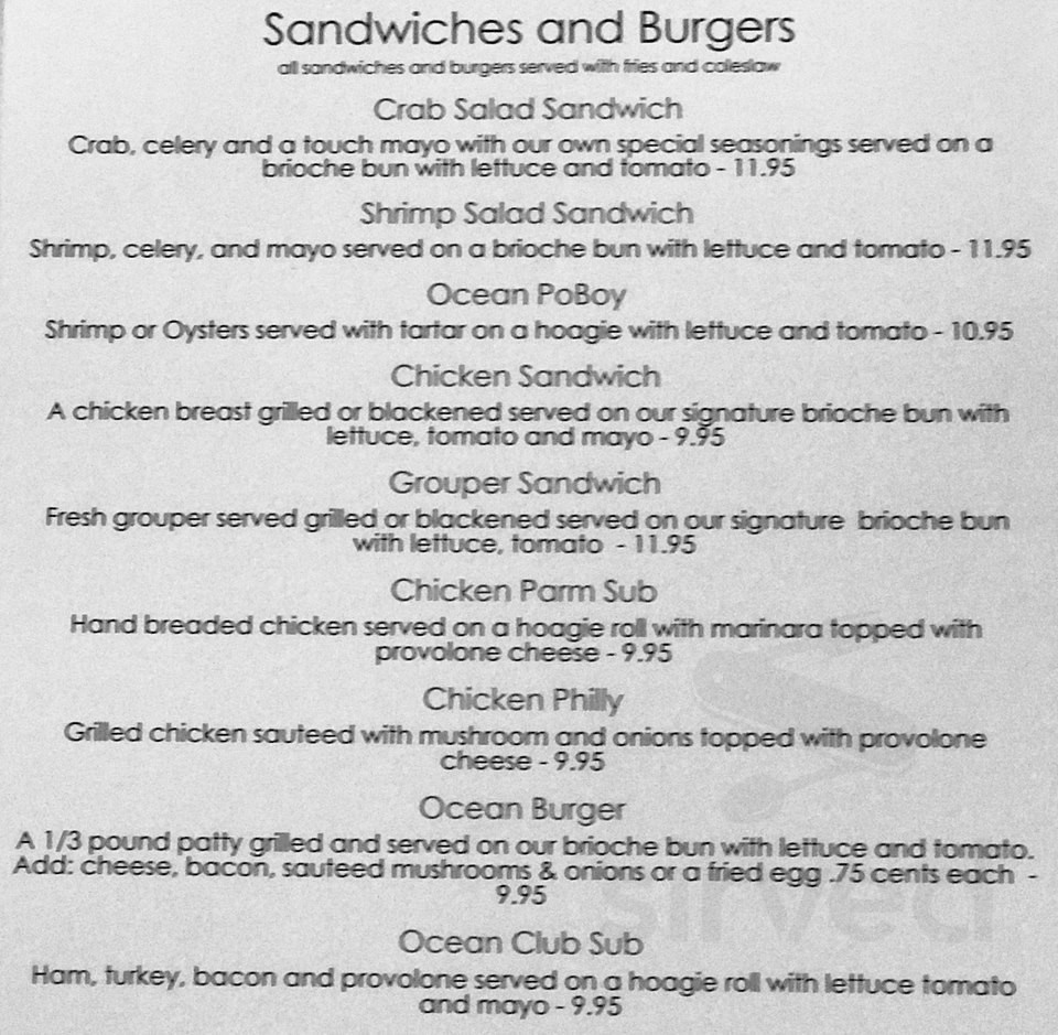 Oceanside 74 Restaurant and Lounge menu in Myrtle Beach, South Carolina