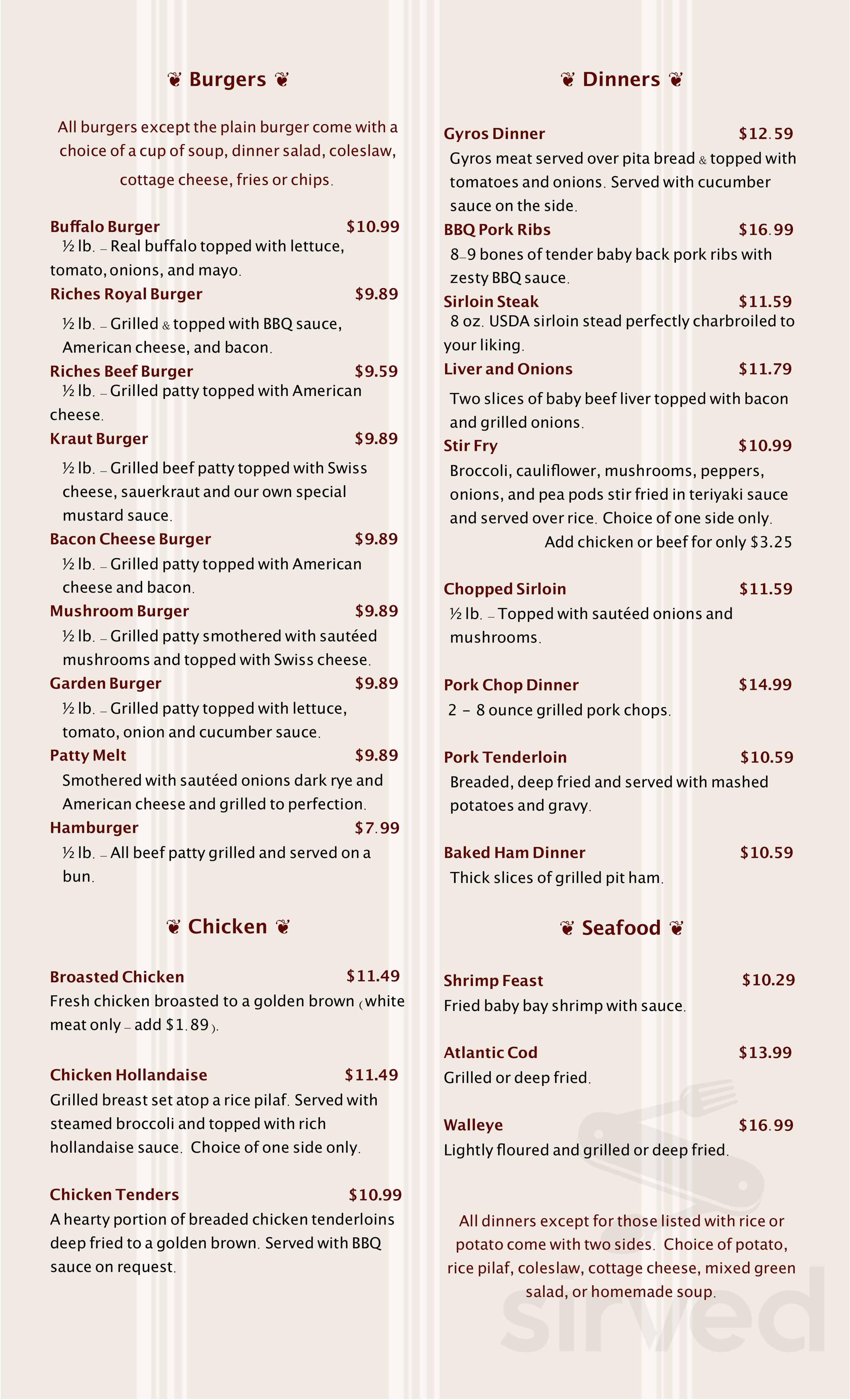 R J Riches Menu In Mounds View Minnesota USA R j riches menu in mounds view minnesota usa
