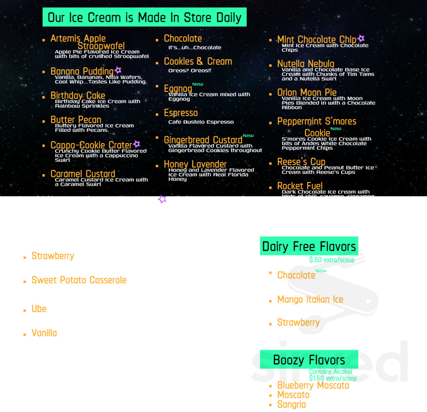 Cosmic Creamery and Creations, LLC menu in Titusville, Florida, USA