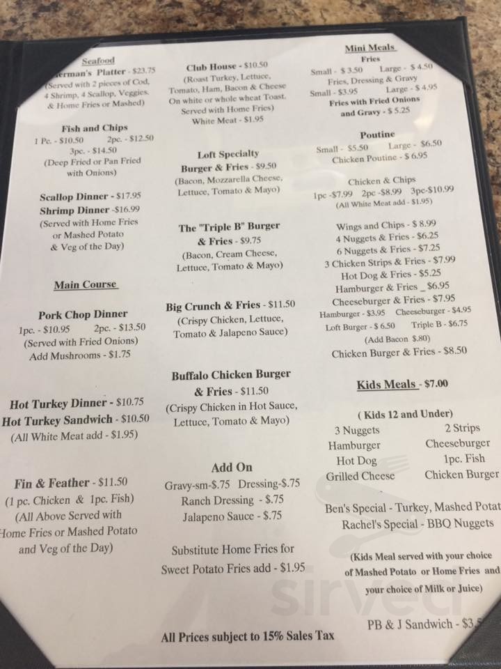 The Loft Restaurant menu in Branch, Newfoundland and Labrador, Canada