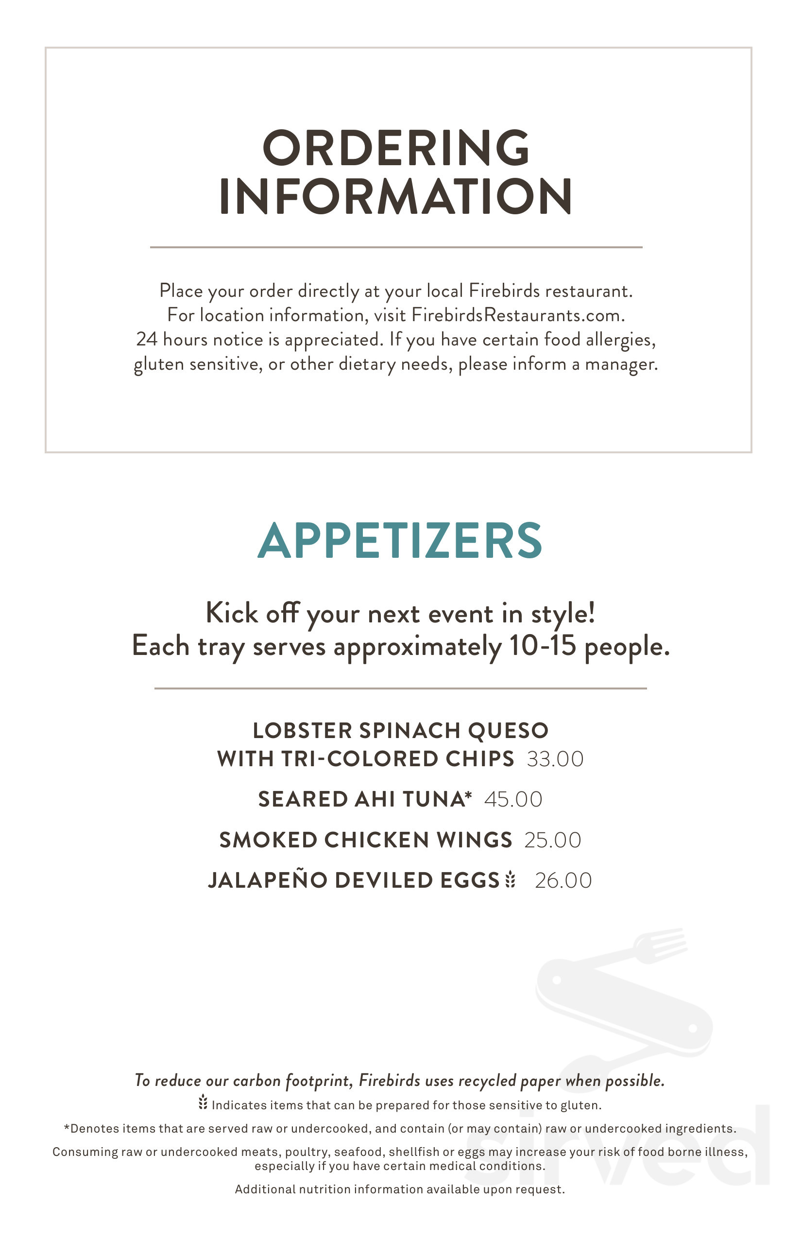 Firebirds Wood Fired Grill menu in Peoria, Arizona, USA