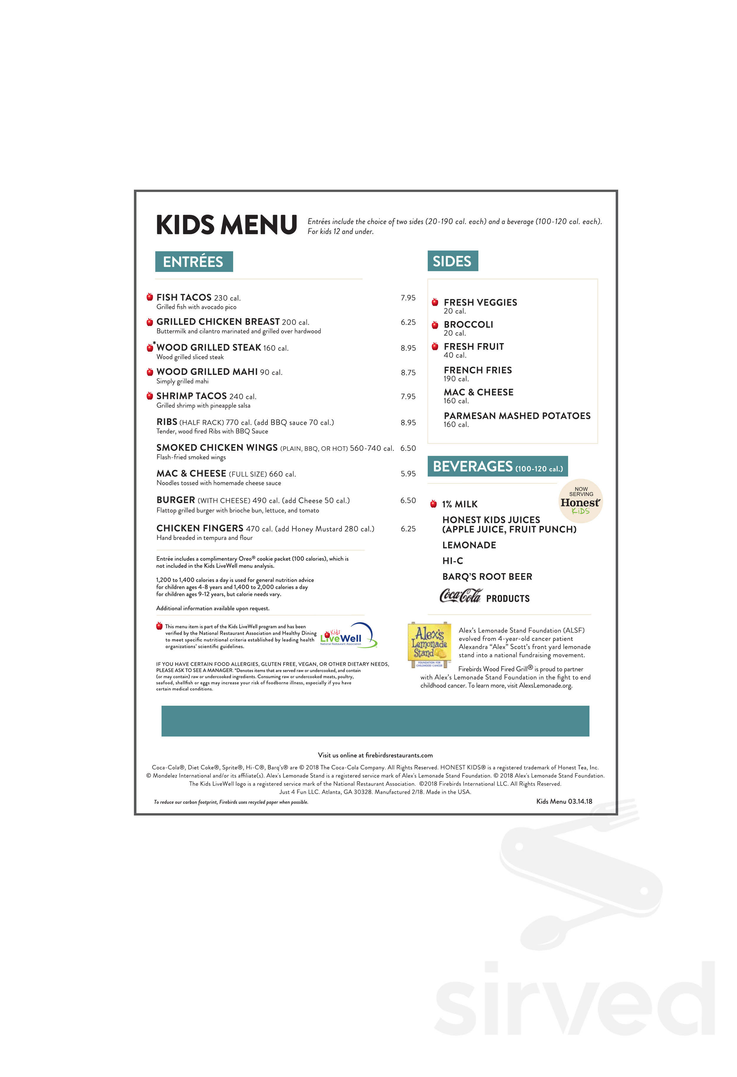 Firebirds Wood Fired Grill menu in Fredericksburg, Virginia, USA