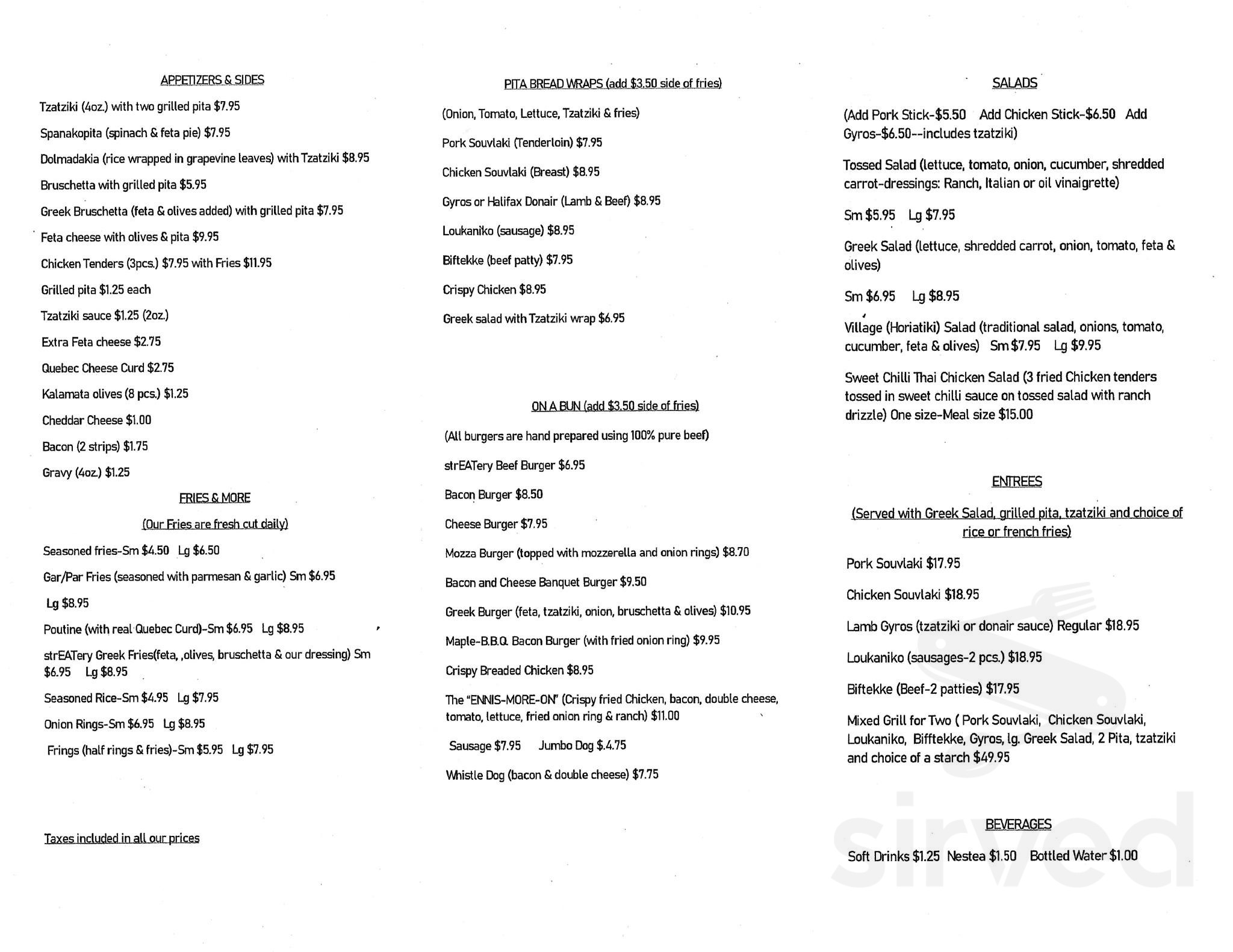The Original Fat Greek Streatery menu in Ennismore, Ontario
