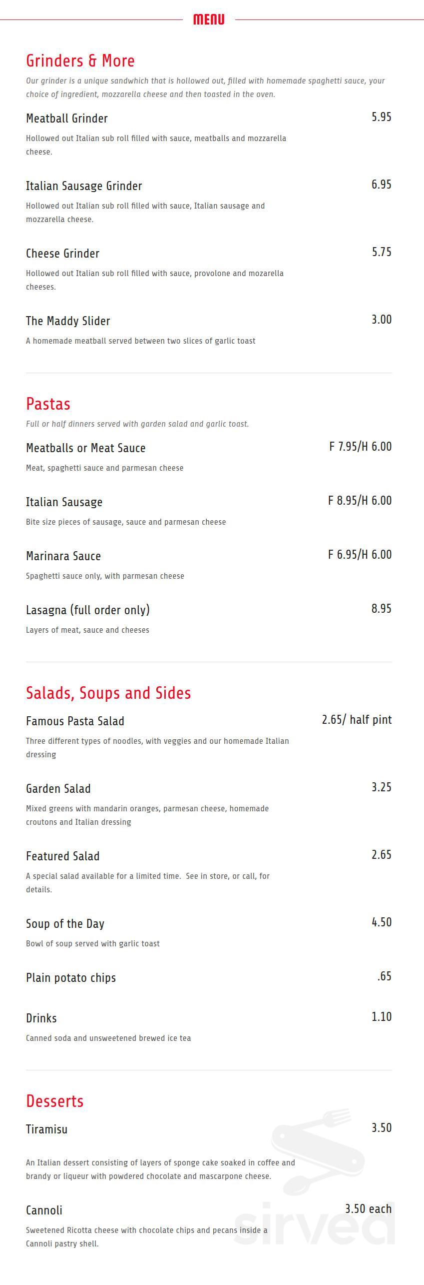 Shelia's Grinder Shop menu in Kansas City, Missouri, USA