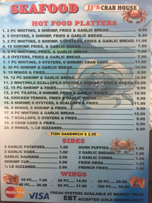 JJ's Crab House menu in Jacksonville, Florida, USA