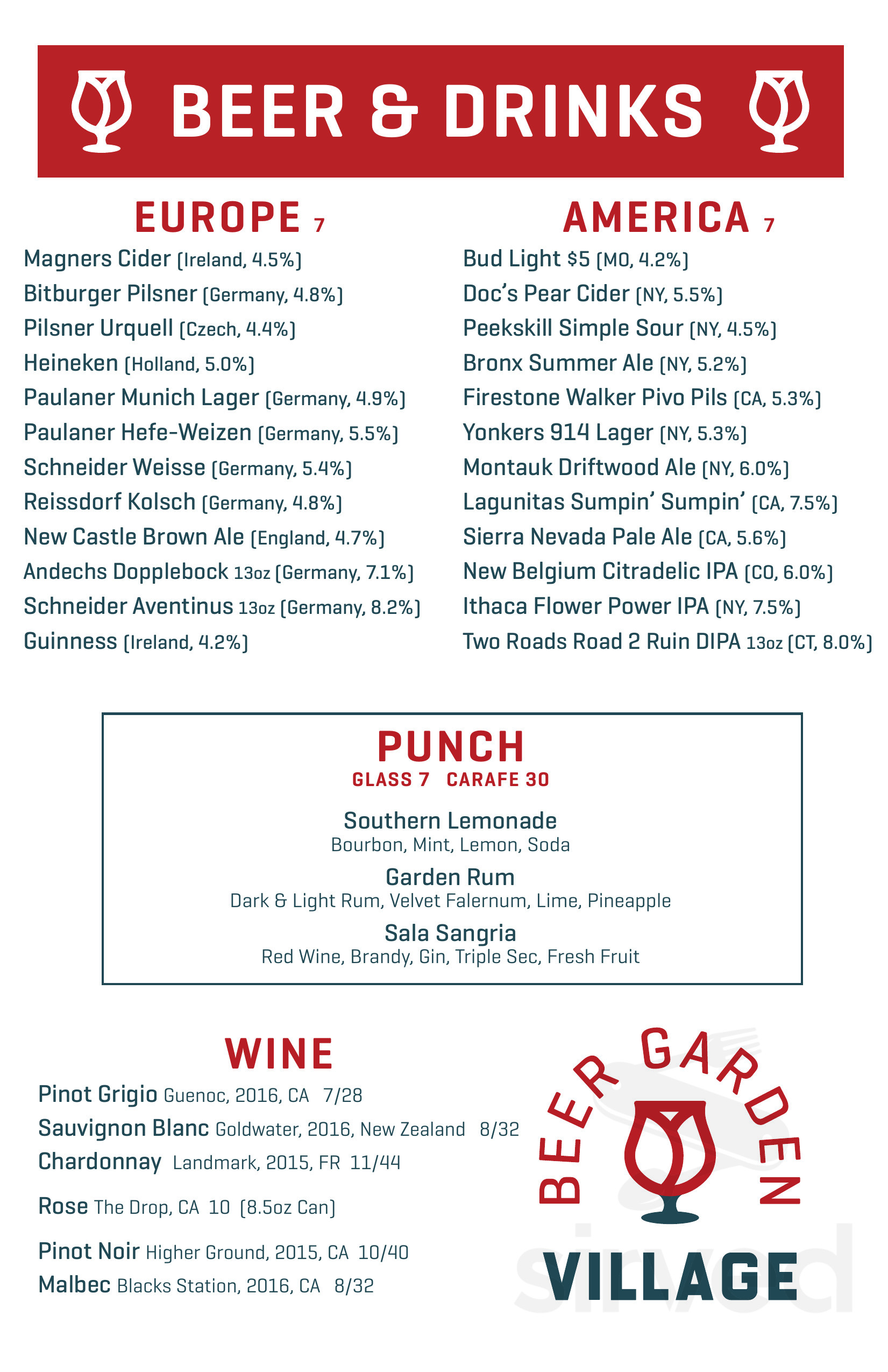Village Beer Garden menu in Port Chester, New York, USA