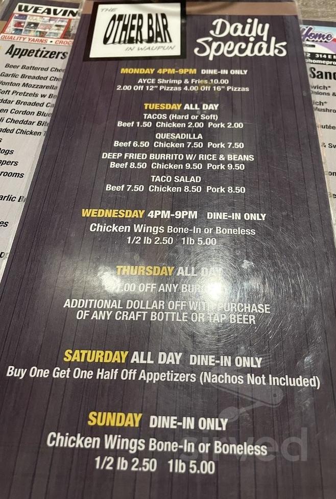 The Other Bar In Waupun menu in Waupun, Wisconsin, USA