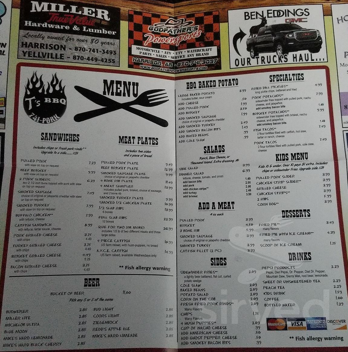 Menu for T's BBQ in Harrison, AK | Sirved