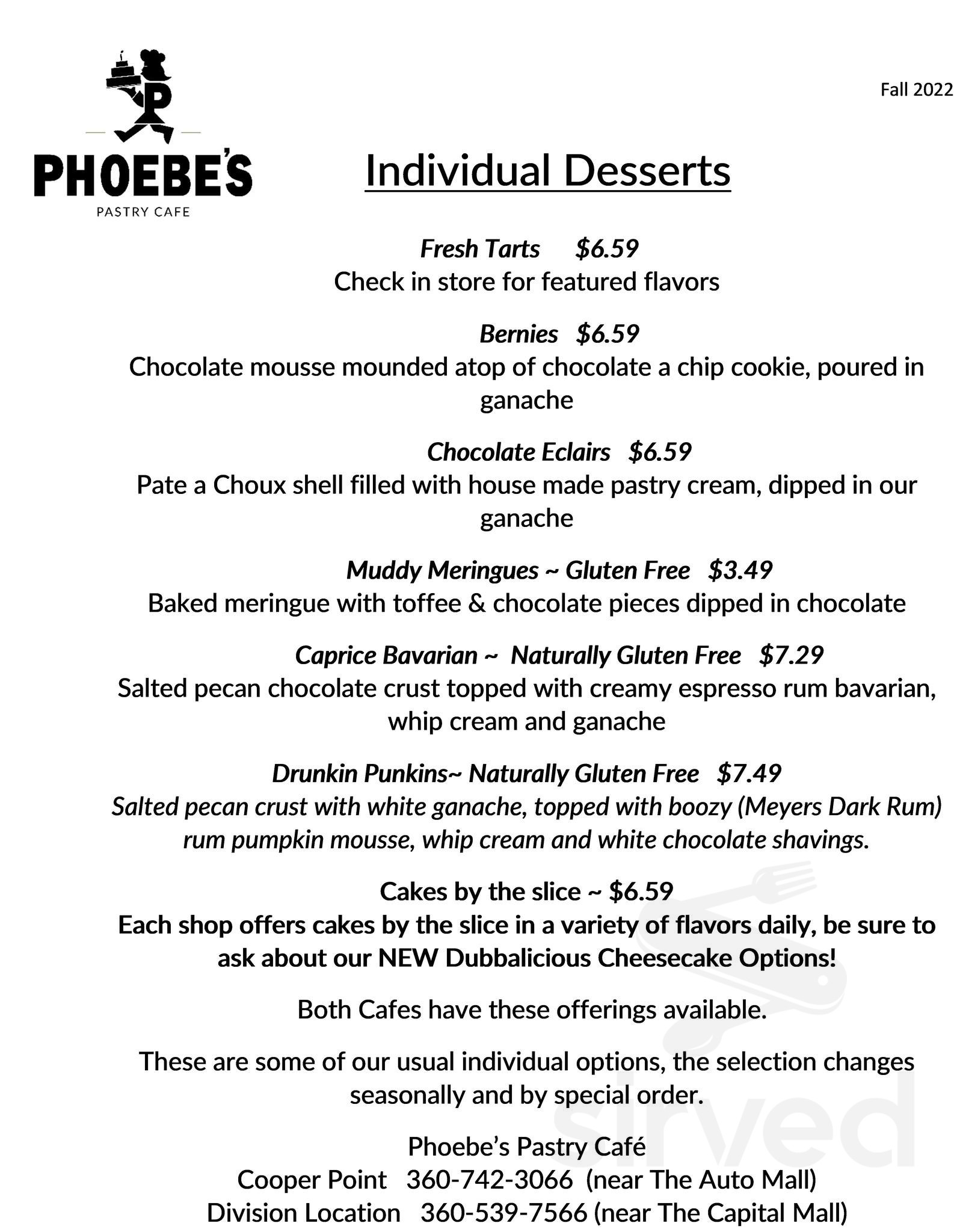 Phoebe's Pastry Cafe menu in Olympia, Washington, USA