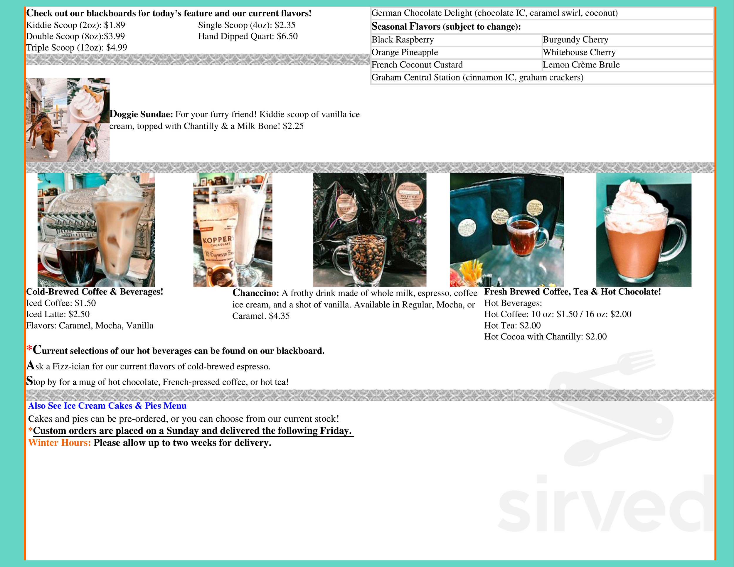 Menu Weissport PA's Chantilly Goods Ice Cream Shoppe Sirved