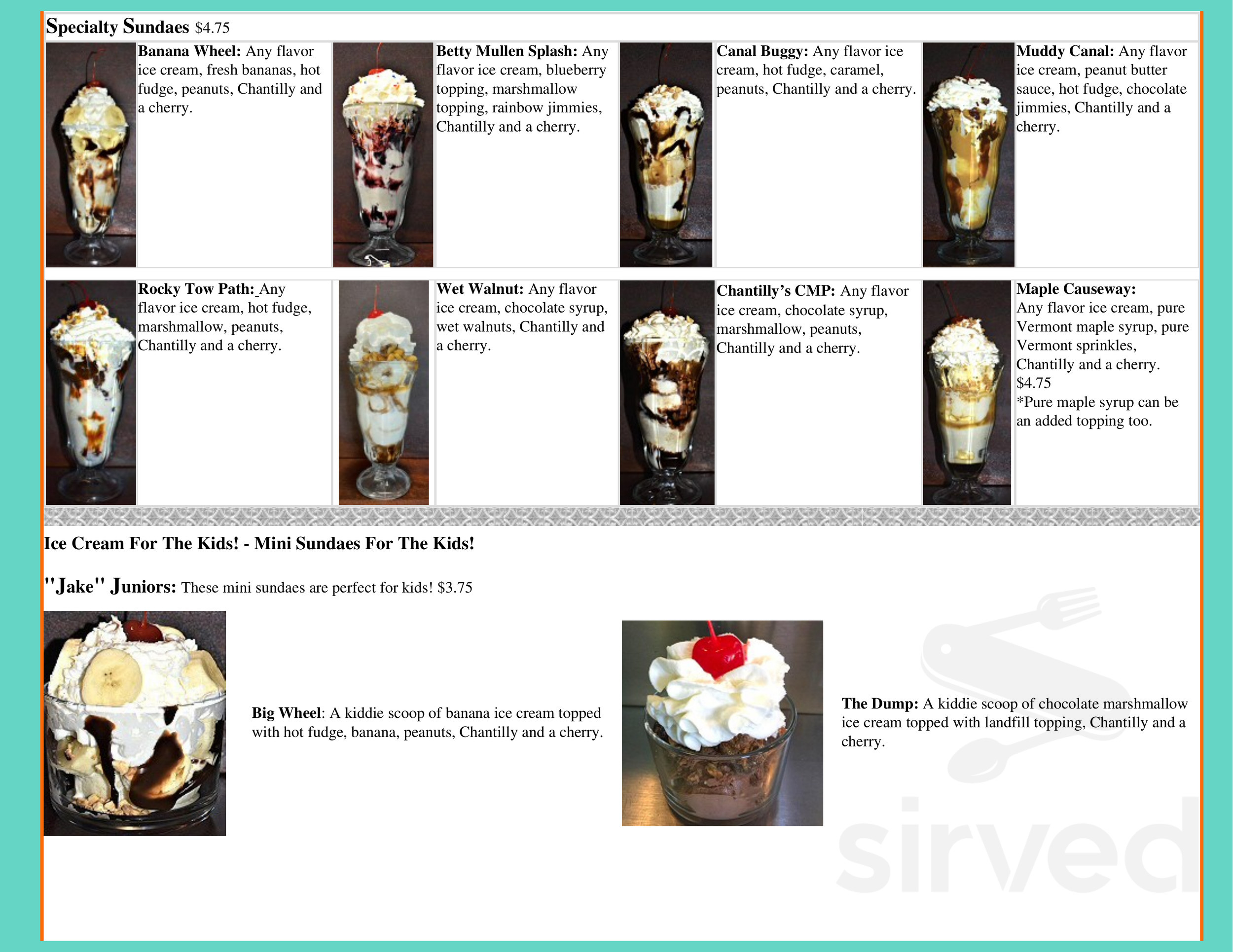 Menu Weissport PA's Chantilly Goods Ice Cream Shoppe Sirved