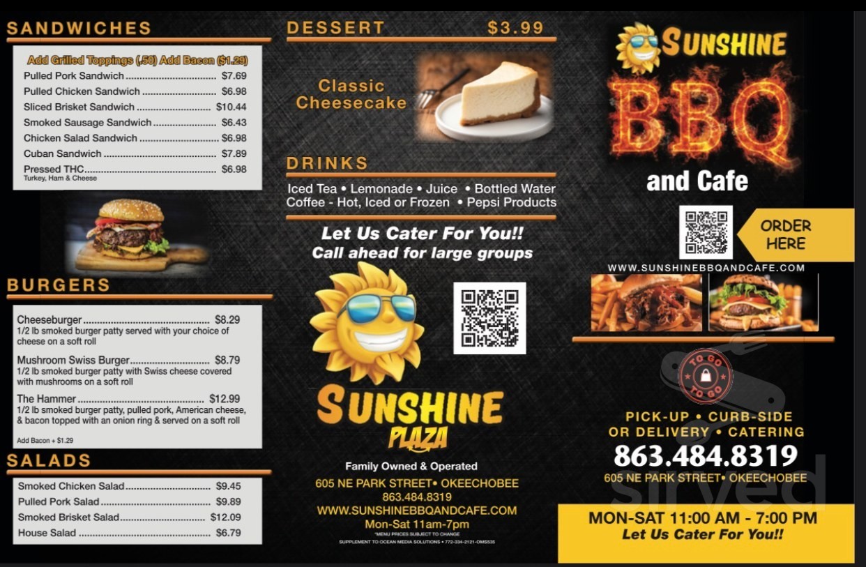 Sunshine BBQ and Cafe menu in Okeechobee, Florida, USA