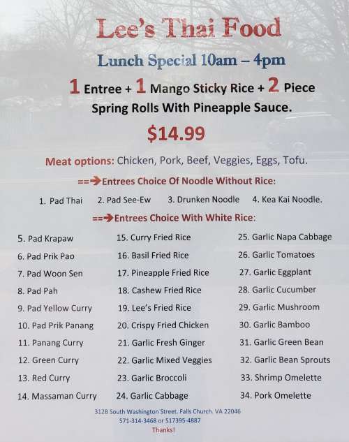 Lee's Thai Food menu in Falls Church, Virginia, USA